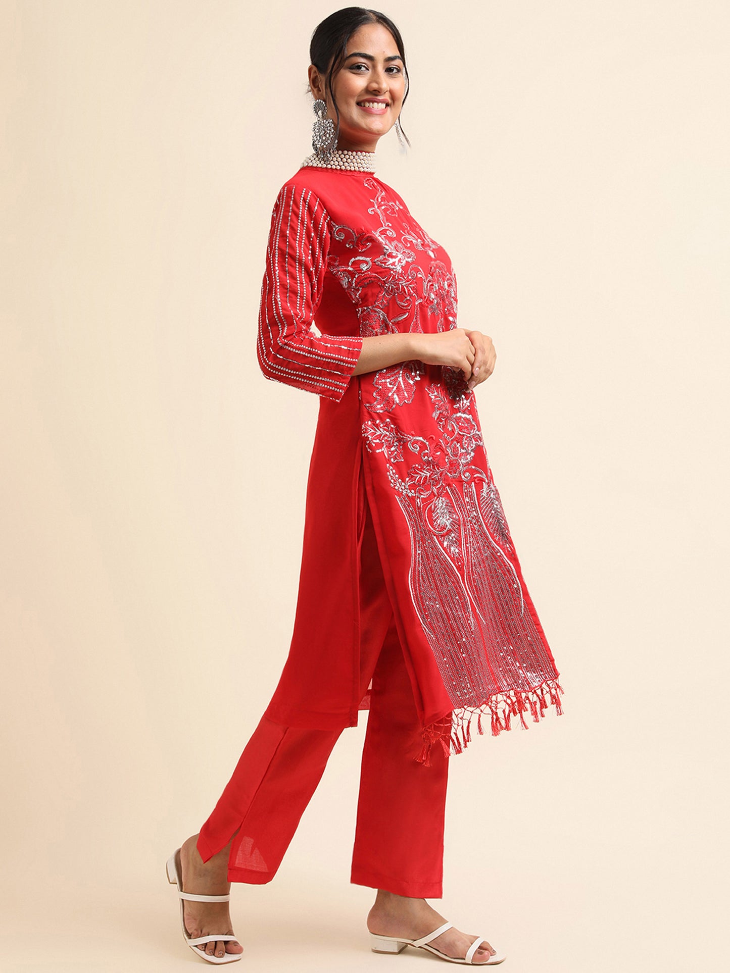 Red sequins embroidered Faux Georgette Surya pakistani suit