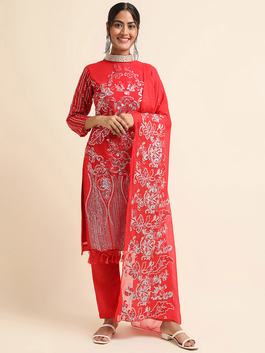 Red sequins embroidered Faux Georgette Surya pakistani suit