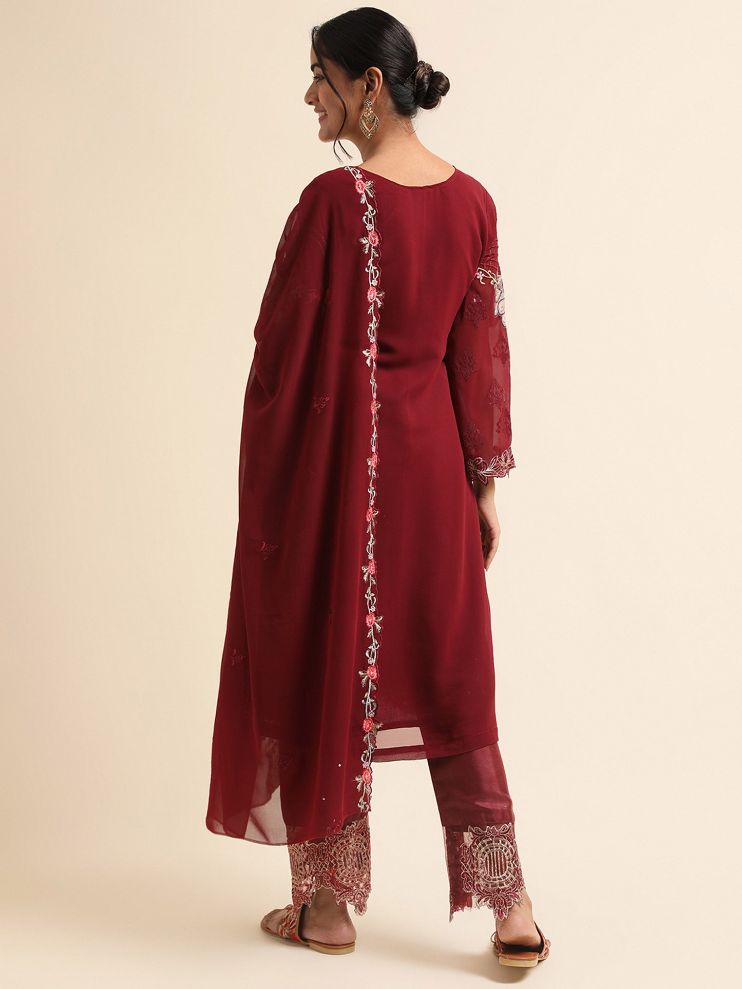 Maroon sequins embroidered Faux Georgette Surya pakistani suit