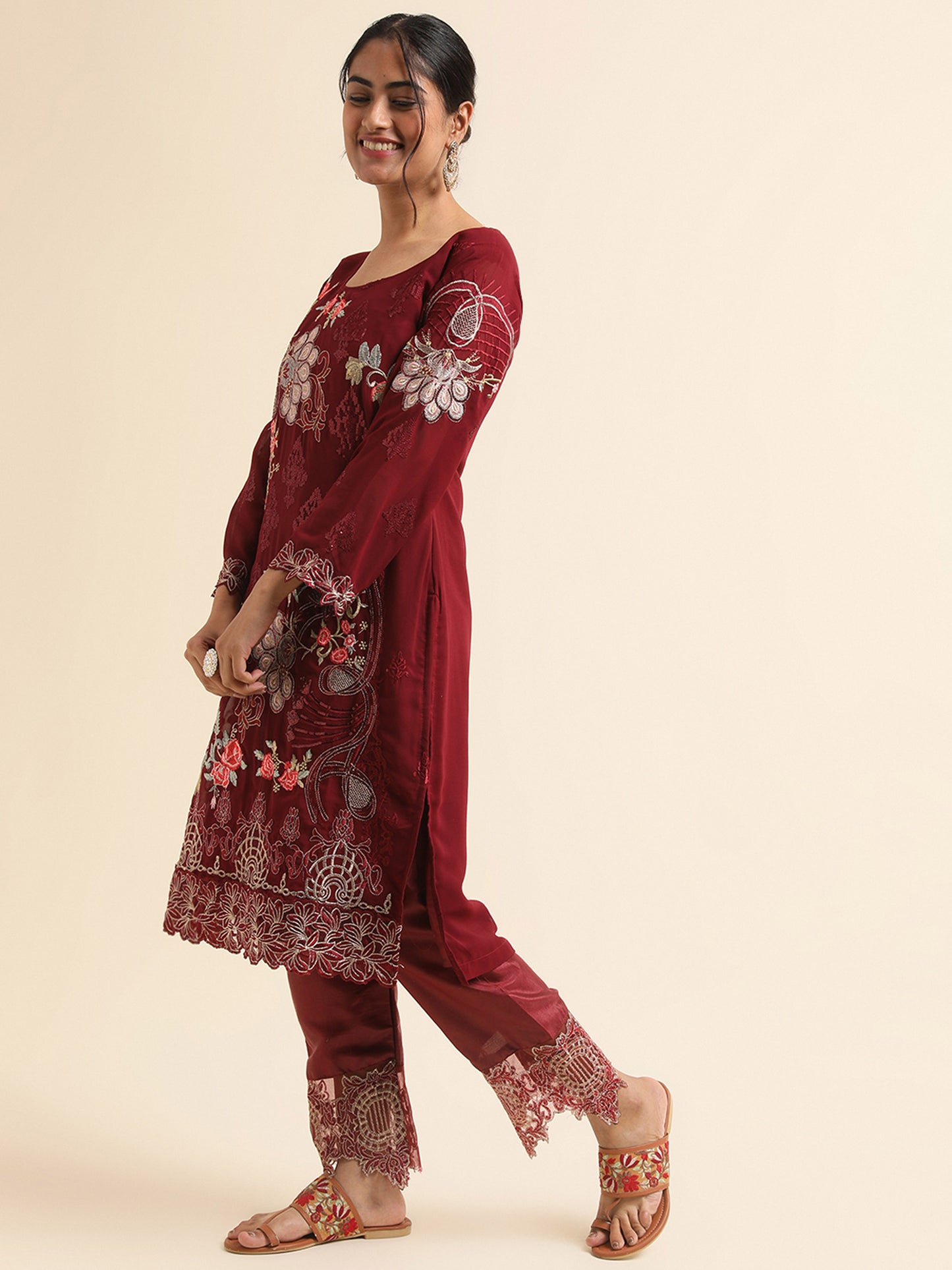 Maroon sequins embroidered Faux Georgette Surya pakistani suit