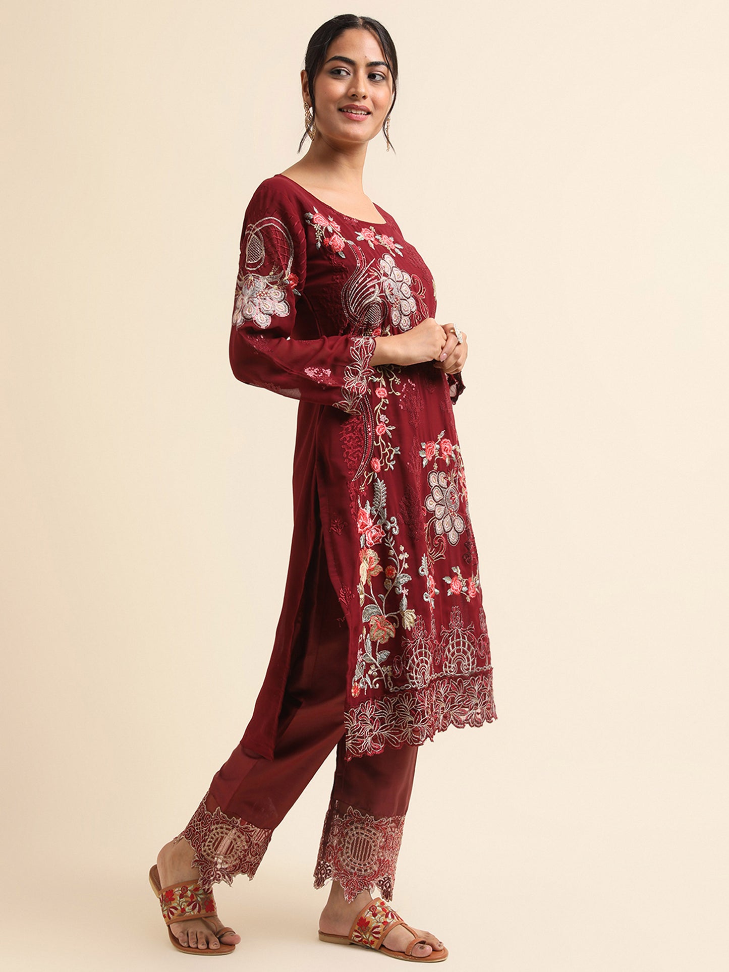 Maroon sequins embroidered Faux Georgette Surya pakistani suit