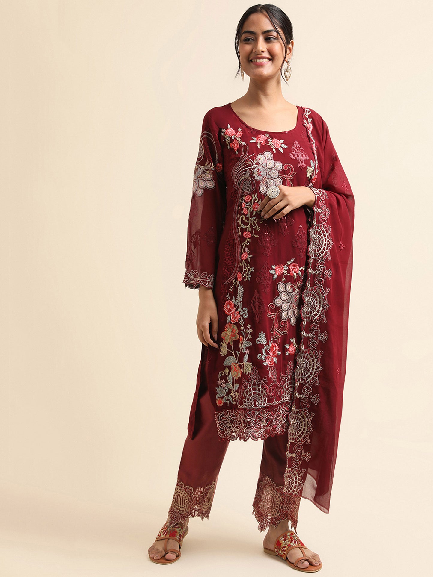 Maroon sequins embroidered Faux Georgette Surya pakistani suit