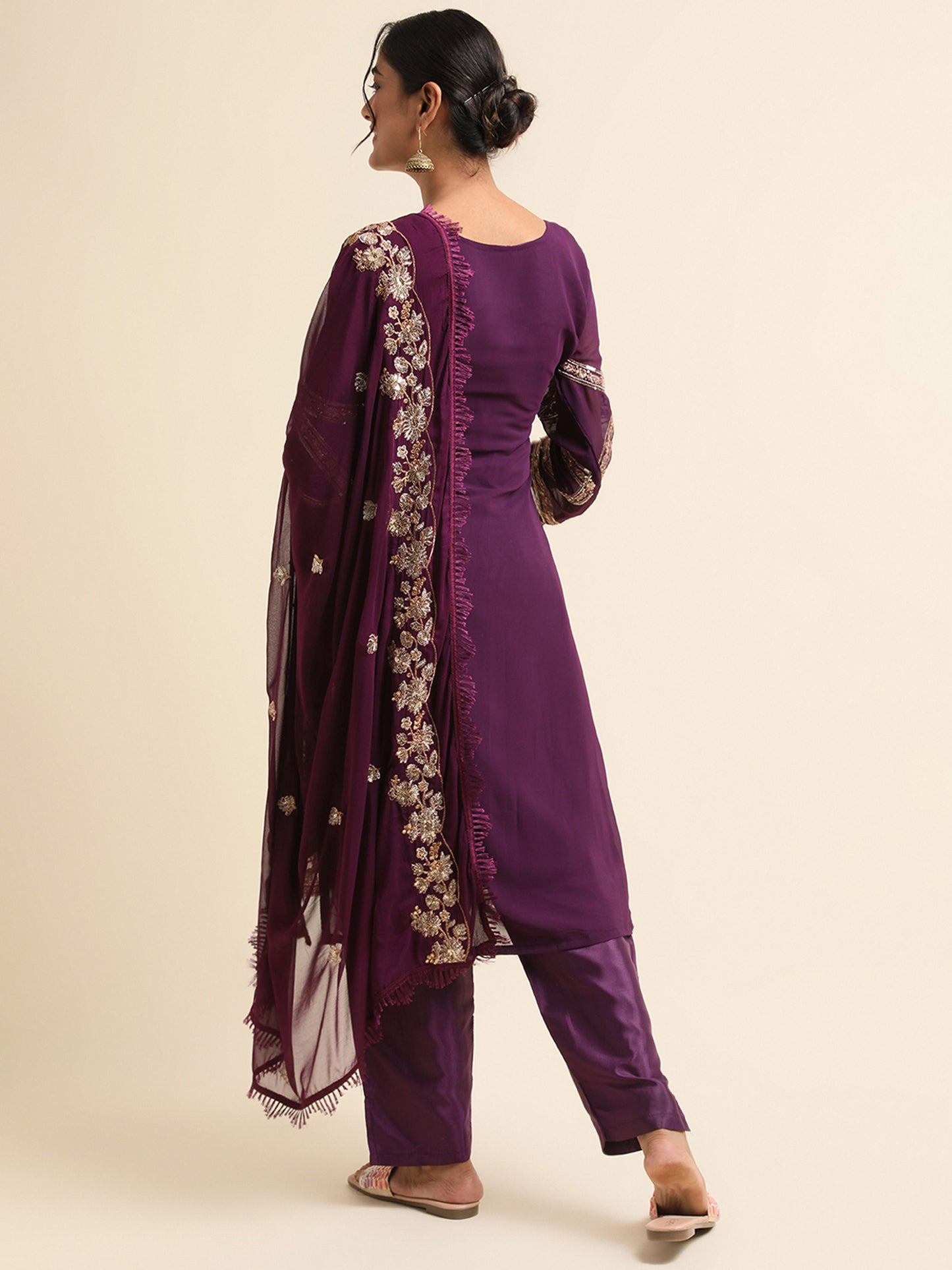 Purple sequins embroidered Faux Georgette Surya pakistani suit