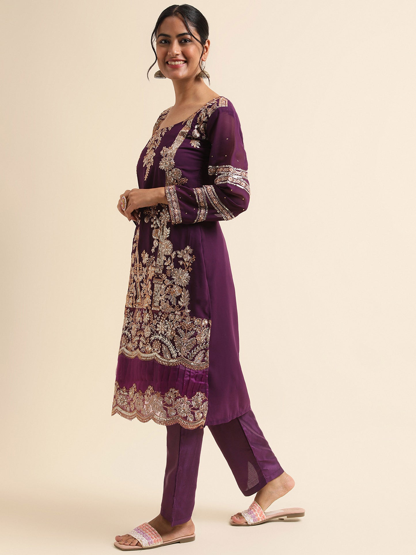 Purple sequins embroidered Faux Georgette Surya pakistani suit