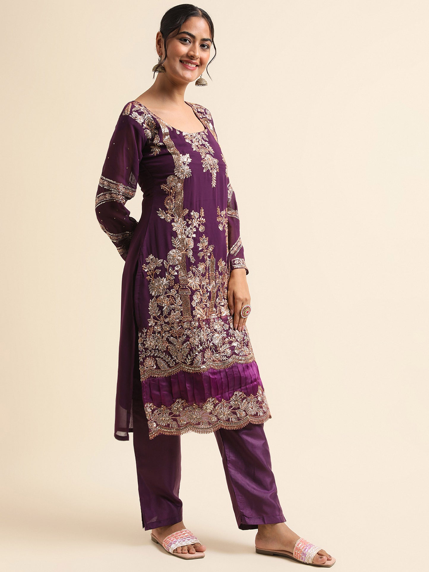 Purple sequins embroidered Faux Georgette Surya pakistani suit