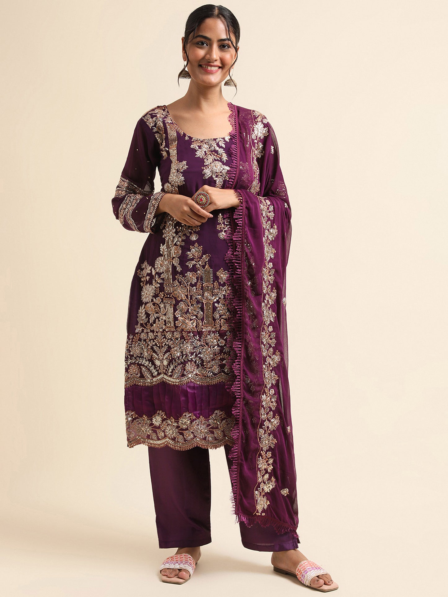 Purple sequins embroidered Faux Georgette Surya pakistani suit