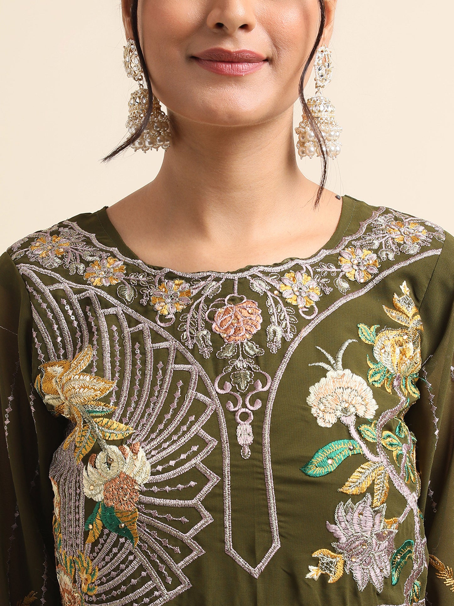 Green sequins embroidered Faux Georgette Surya pakistani suit