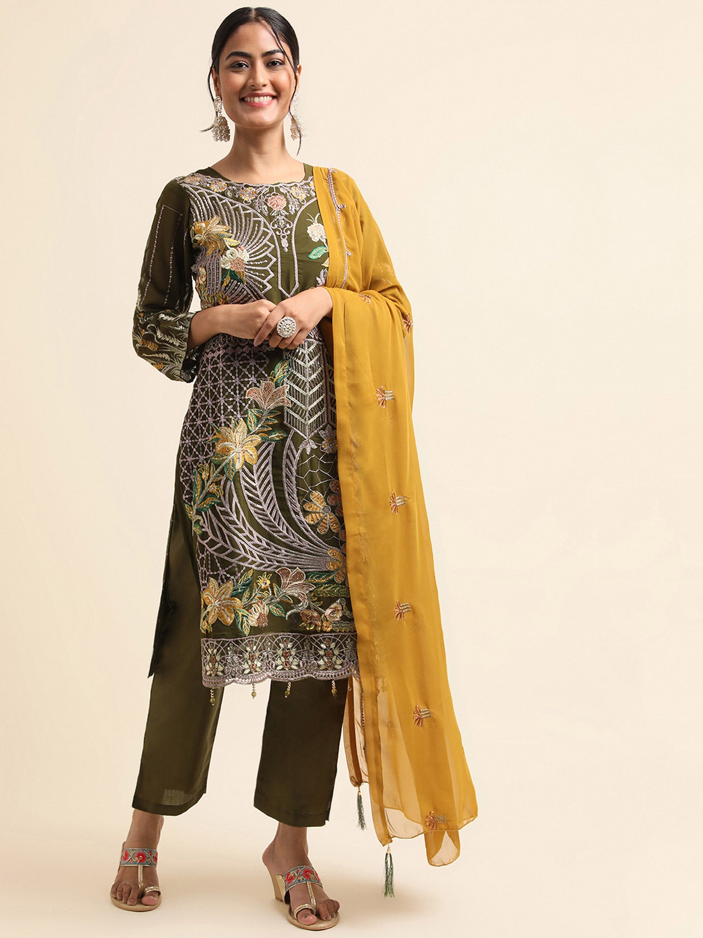 Green sequins embroidered Faux Georgette Surya pakistani suit