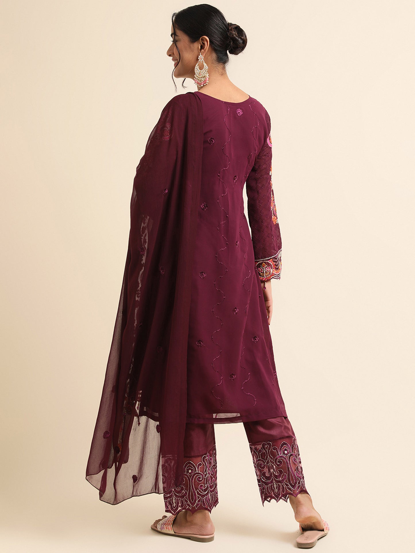 Wine zari embroidered Faux Georgette Surya pakistani suit