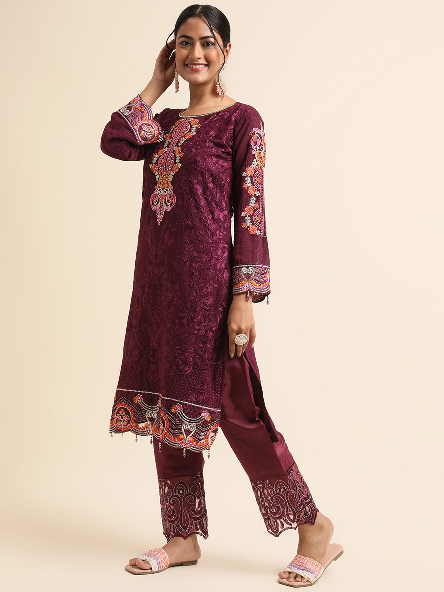 Wine zari embroidered Faux Georgette Surya pakistani suit