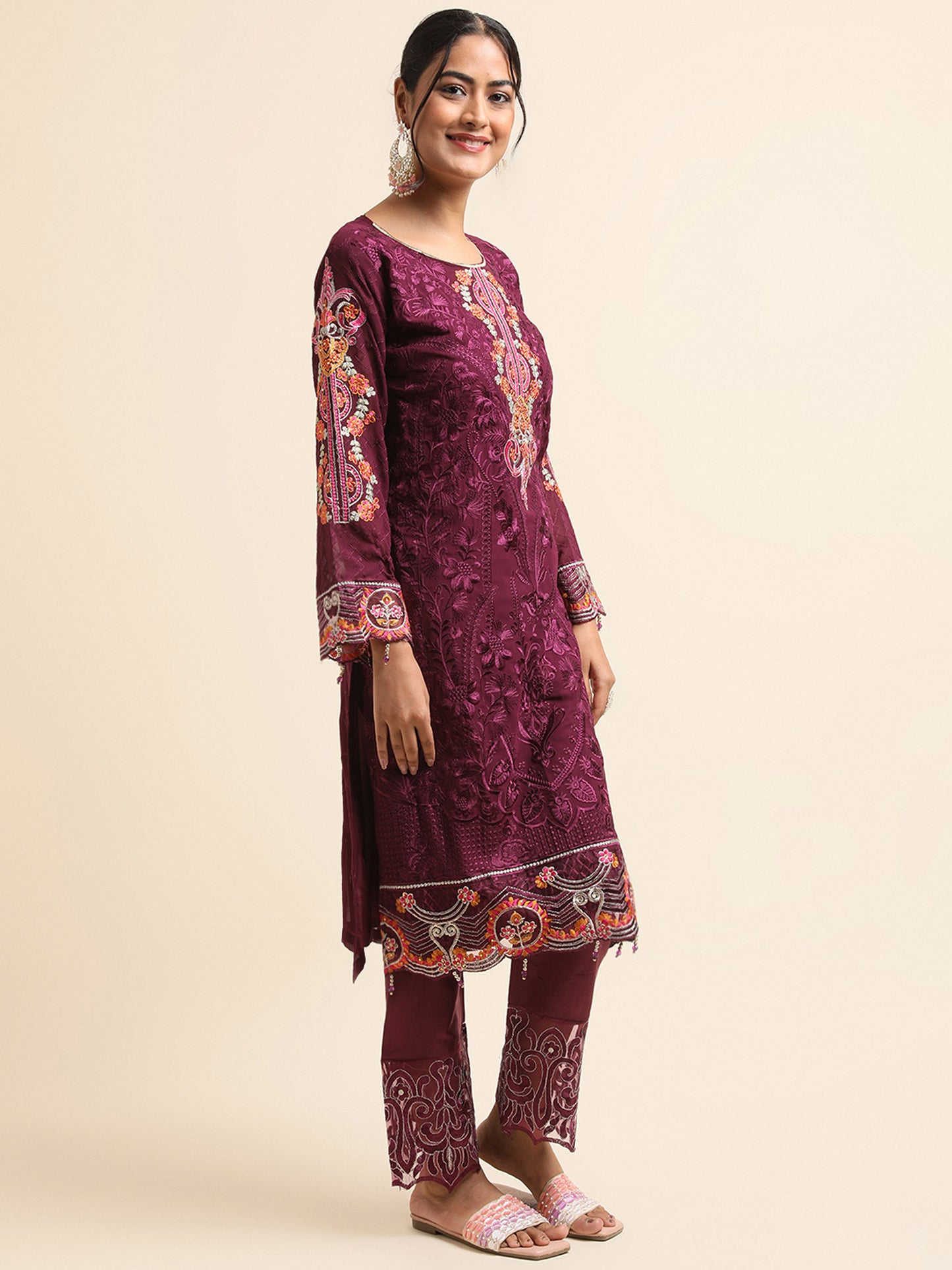 Wine zari embroidered Faux Georgette Surya pakistani suit