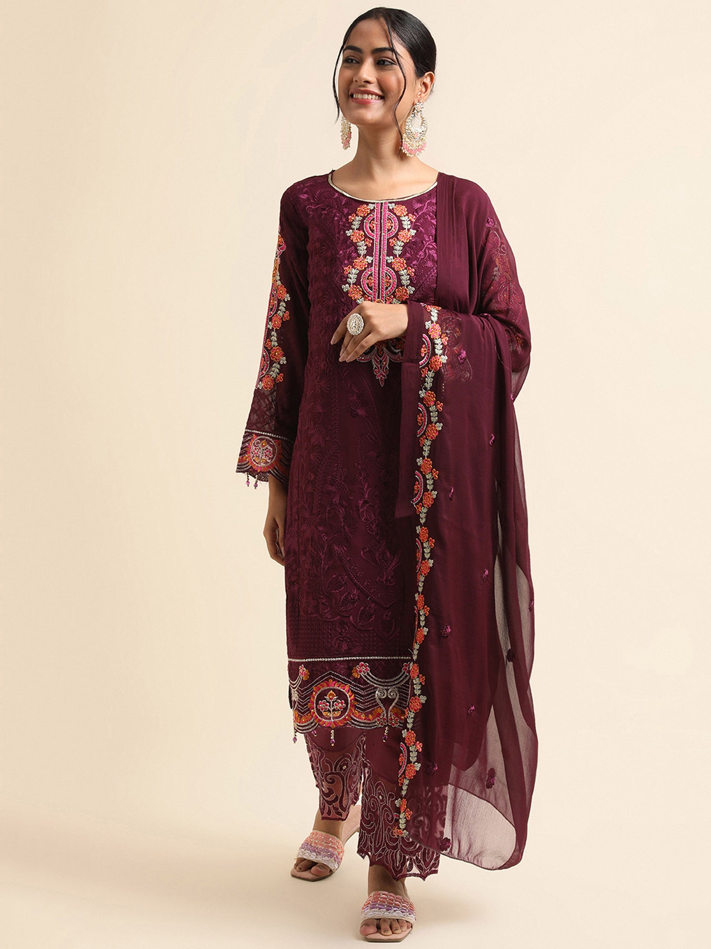 Wine zari embroidered Faux Georgette Surya pakistani suit