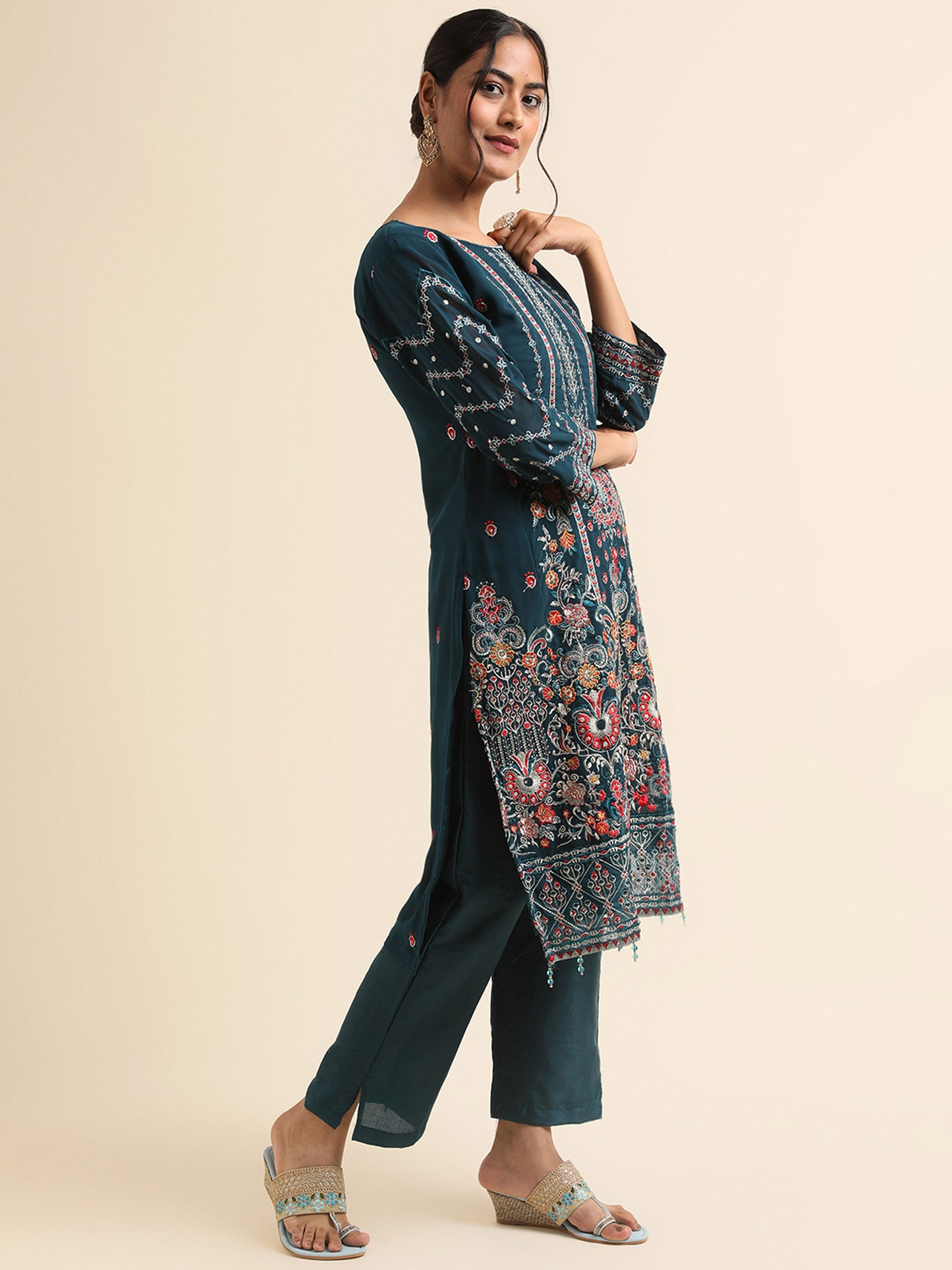 Teal zari embroidered Faux Georgette Surya pakistani suit