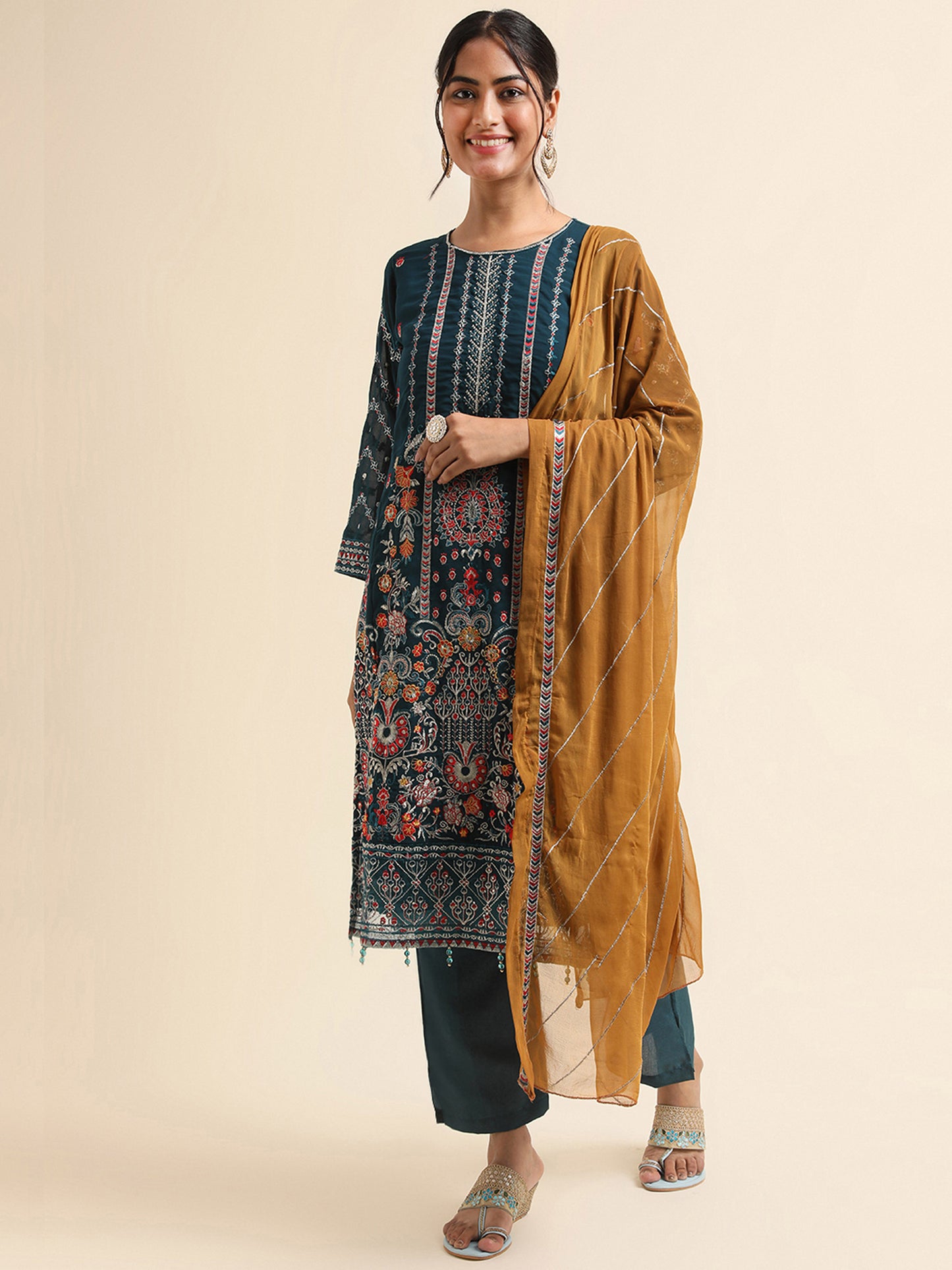 Teal zari embroidered Faux Georgette Surya pakistani suit