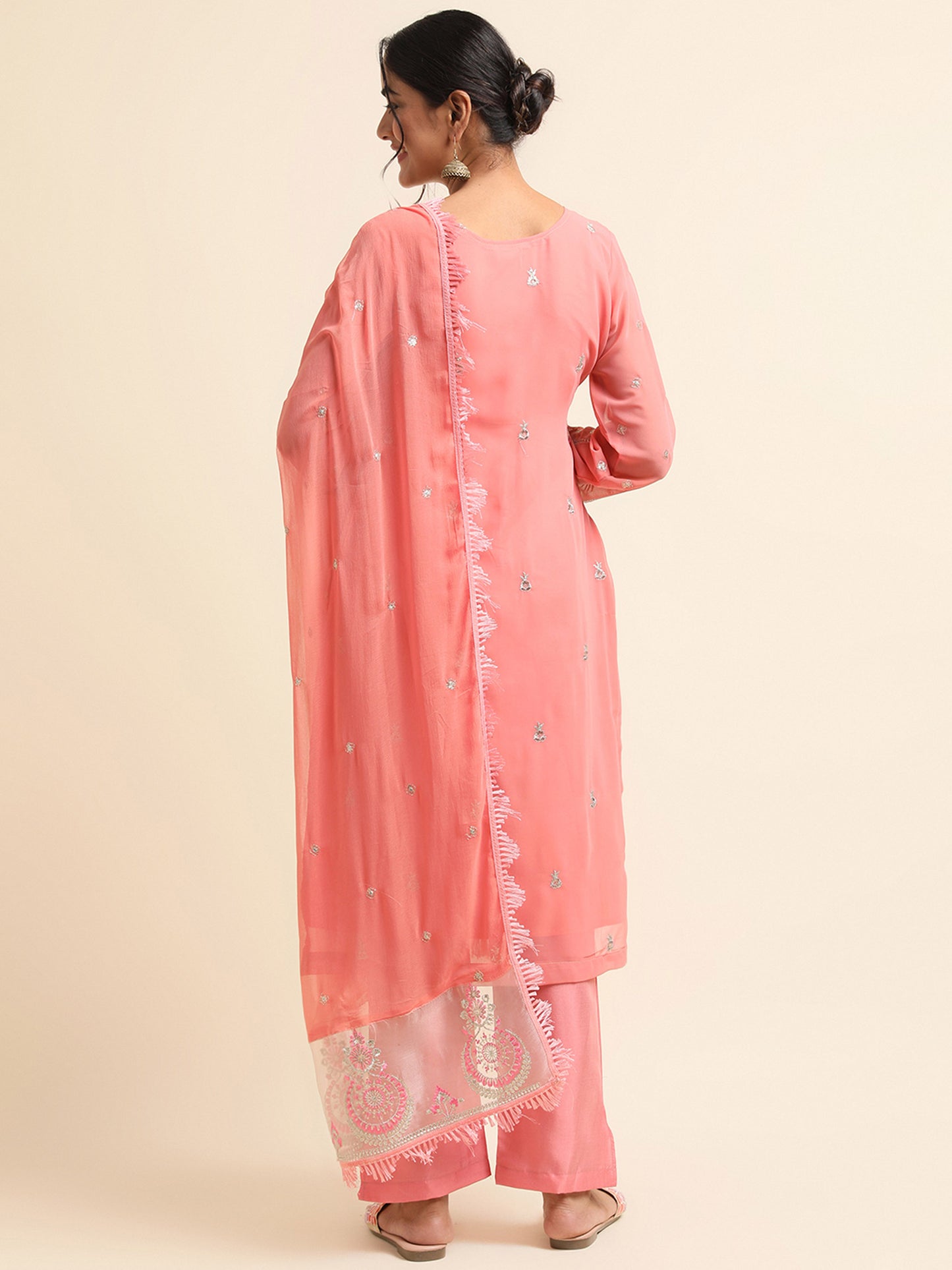 Peach zari embroidered Faux Georgette Surya pakistani suit