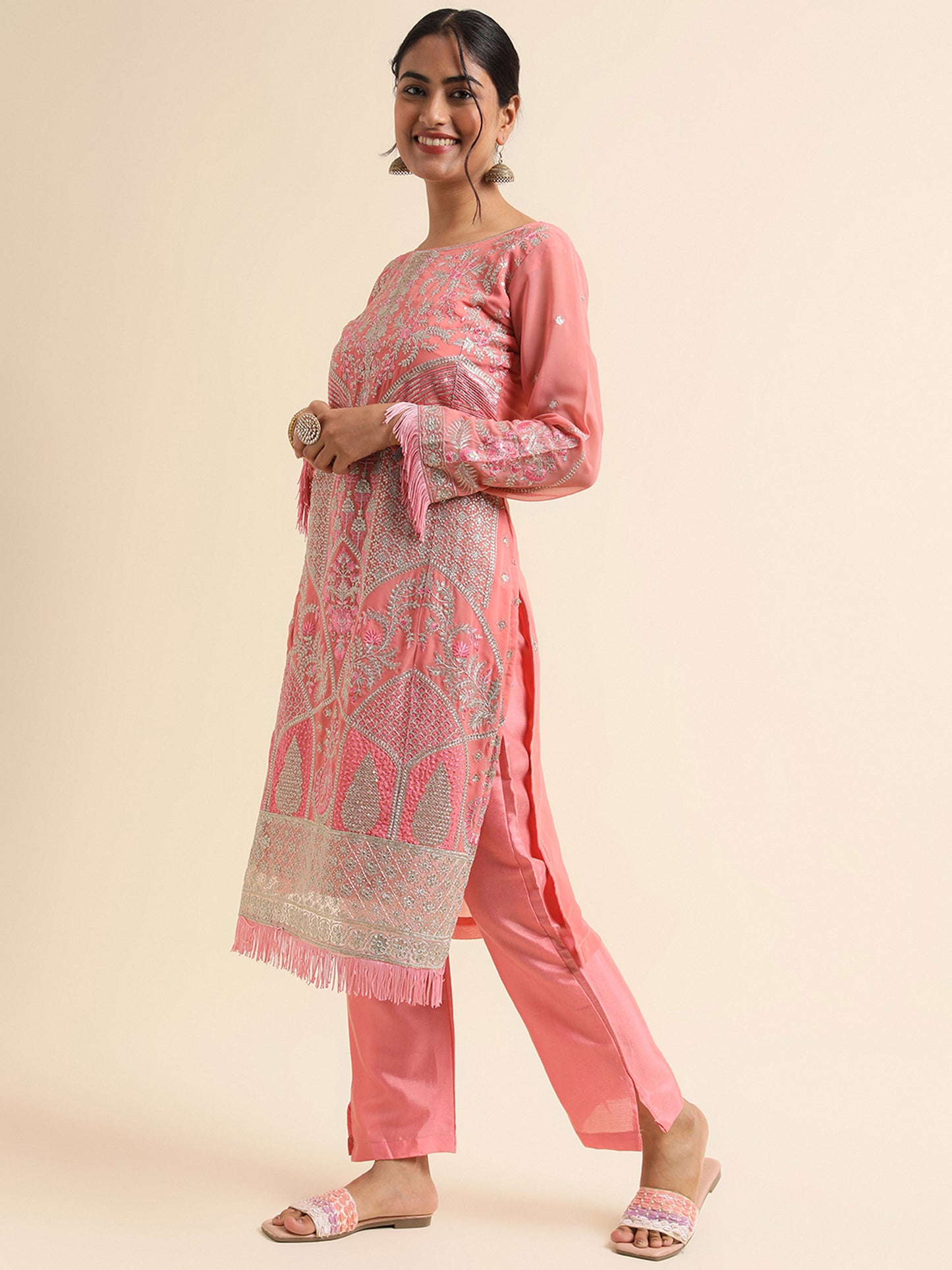 Peach zari embroidered Faux Georgette Surya pakistani suit