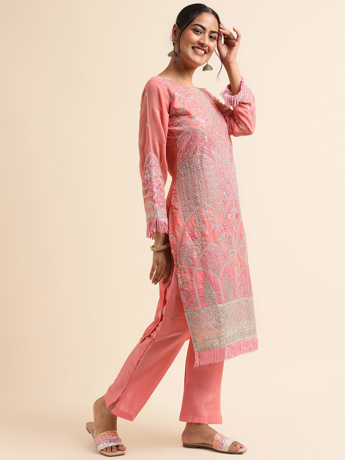 Peach zari embroidered Faux Georgette Surya pakistani suit