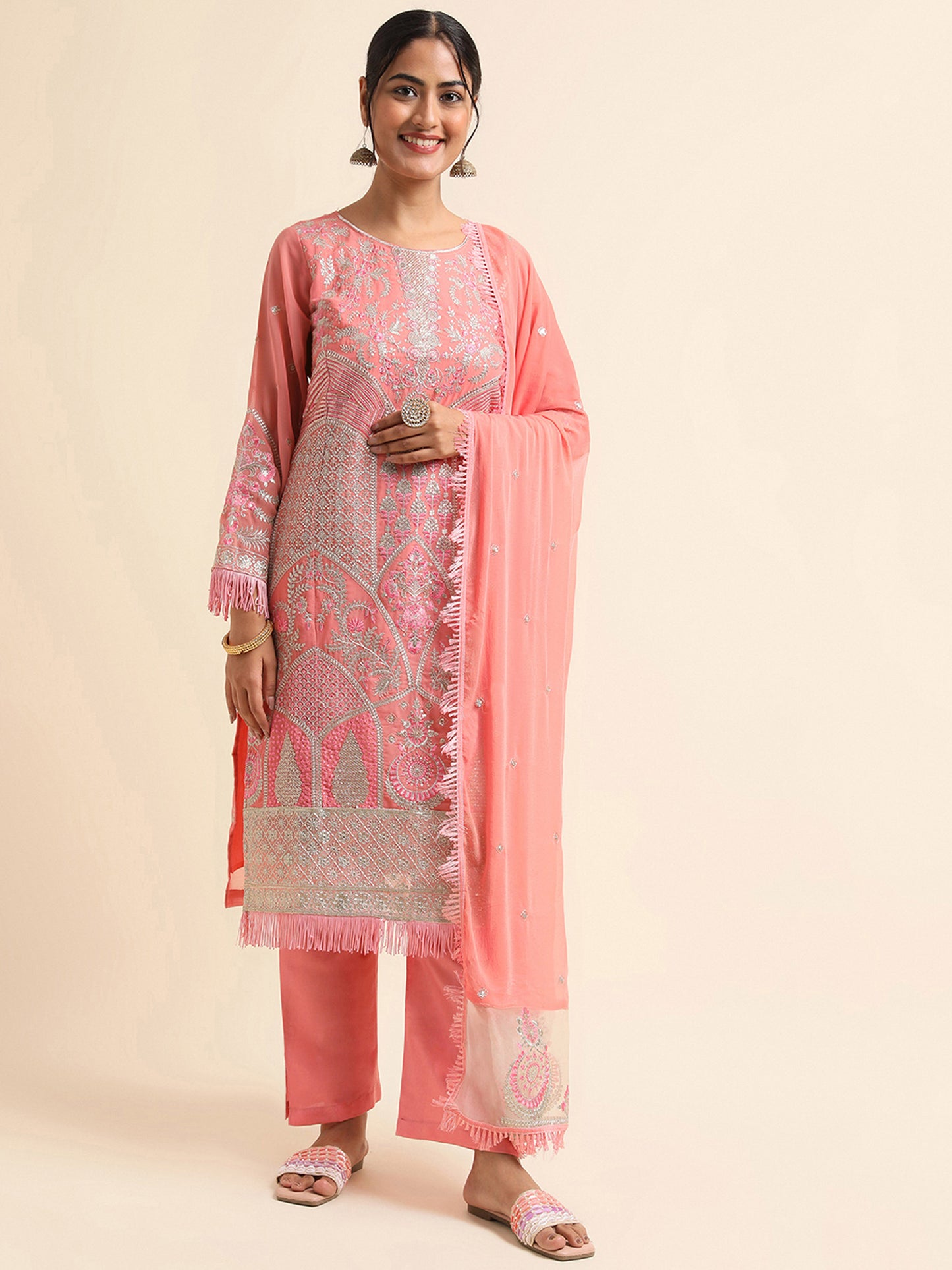 Peach zari embroidered Faux Georgette Surya pakistani suit