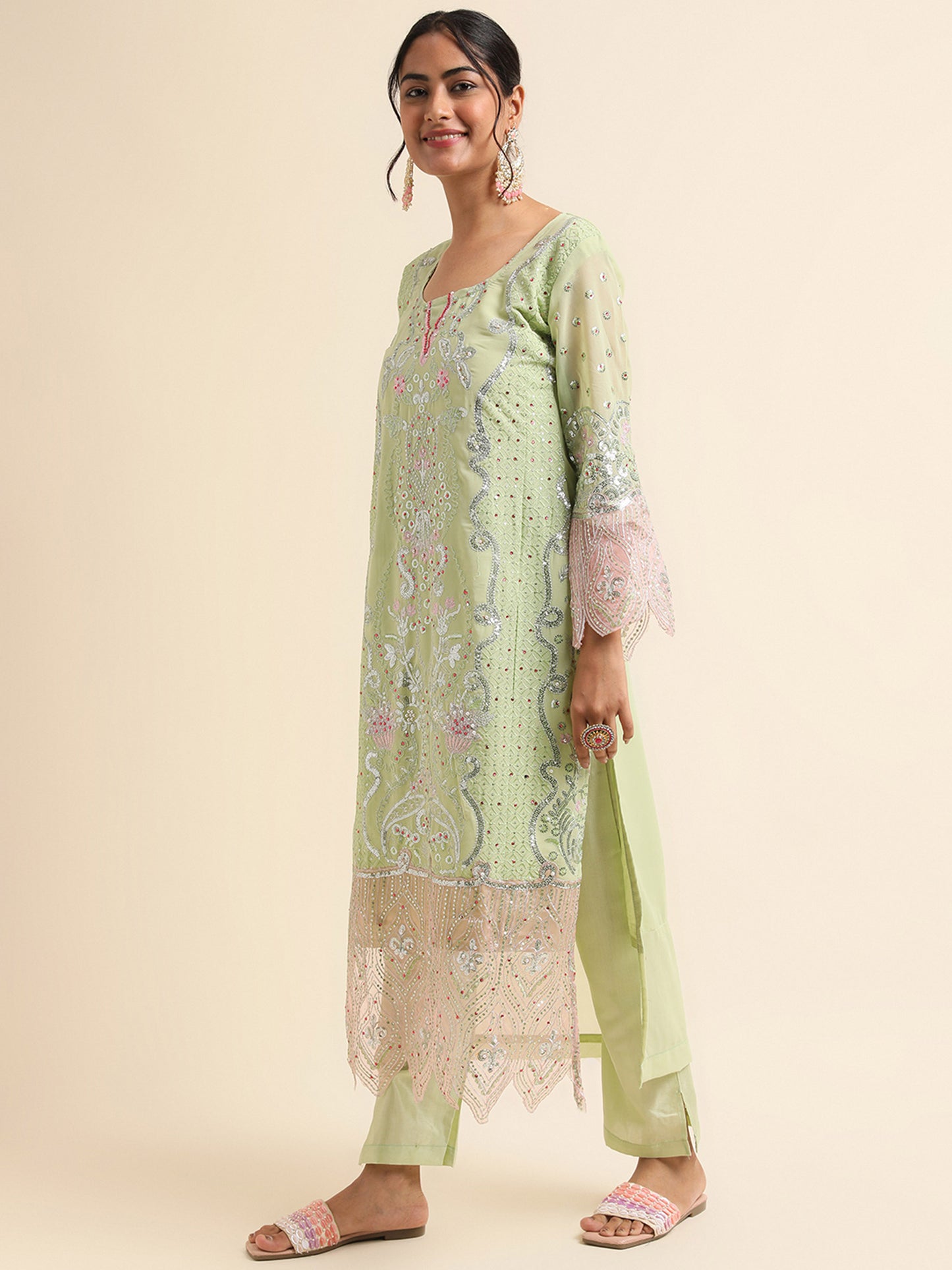 Green zari embroidered Faux Georgette Surya pakistani suit