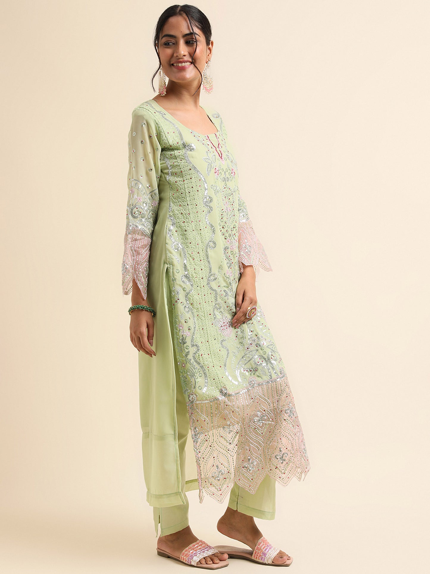 Green zari embroidered Faux Georgette Surya pakistani suit