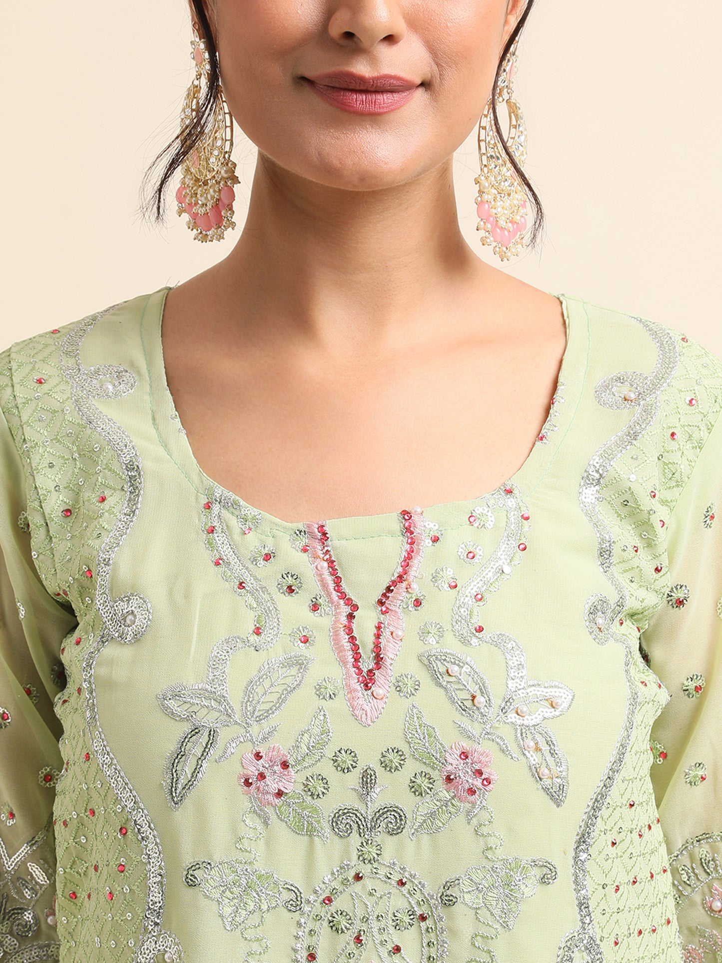 Green zari embroidered Faux Georgette Surya pakistani suit