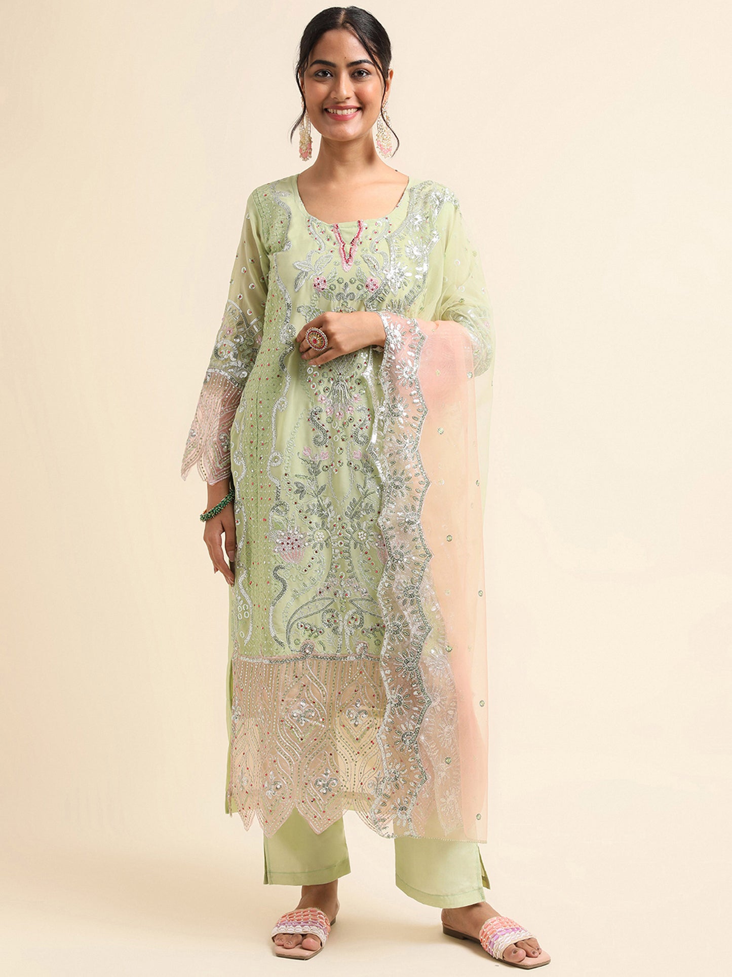 Green zari embroidered Faux Georgette Surya pakistani suit