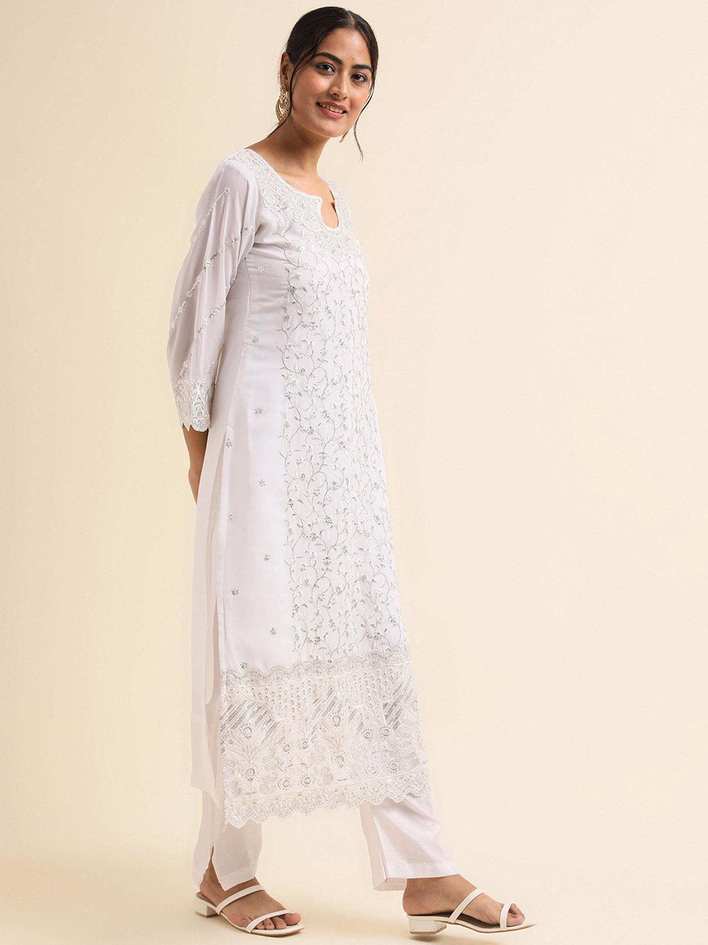 White zari embroidered Faux Georgette Surya pakistani suit