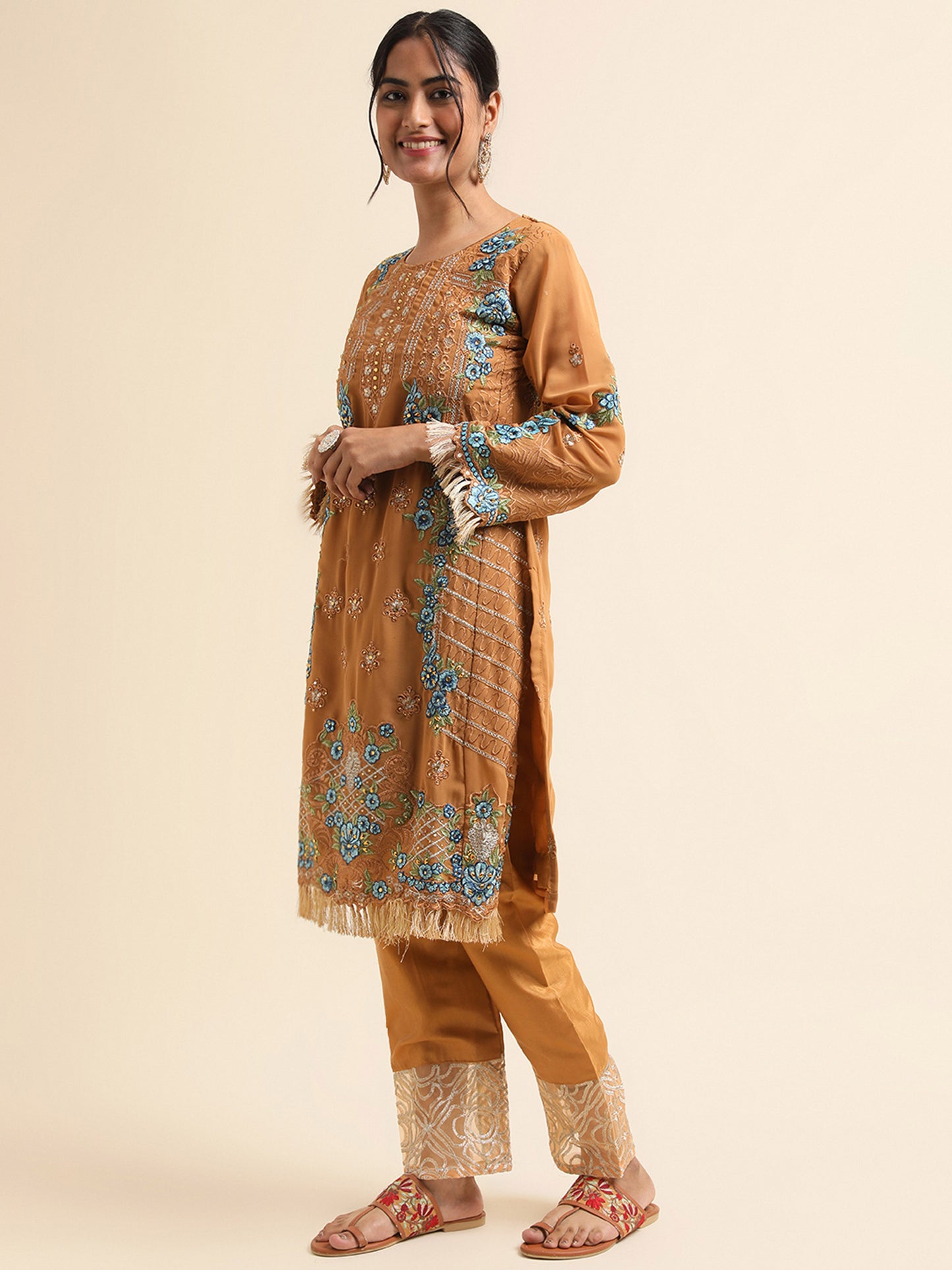 Mustard zari embroidered Faux Georgette Surya pakistani suit