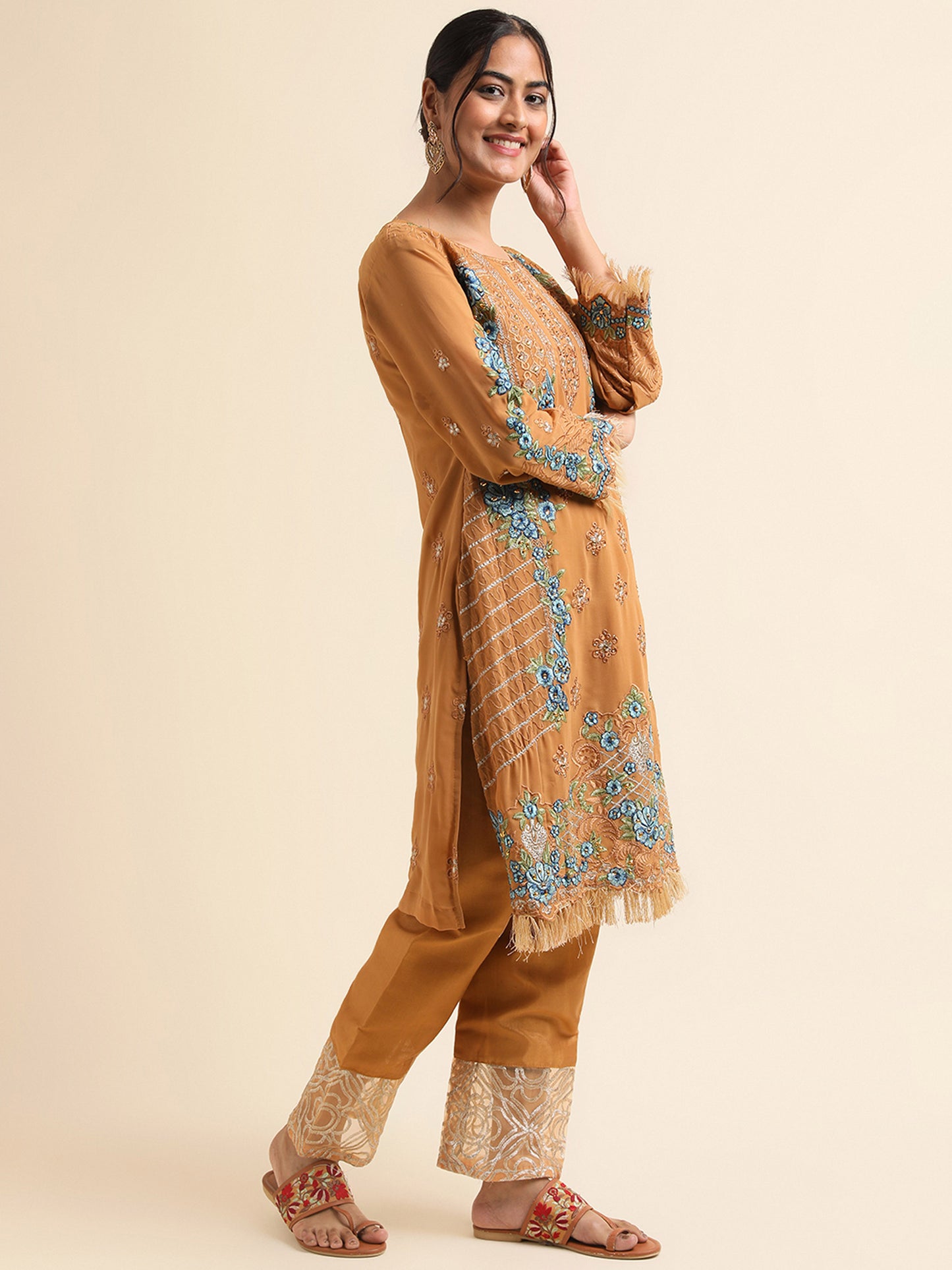 Mustard zari embroidered Faux Georgette Surya pakistani suit