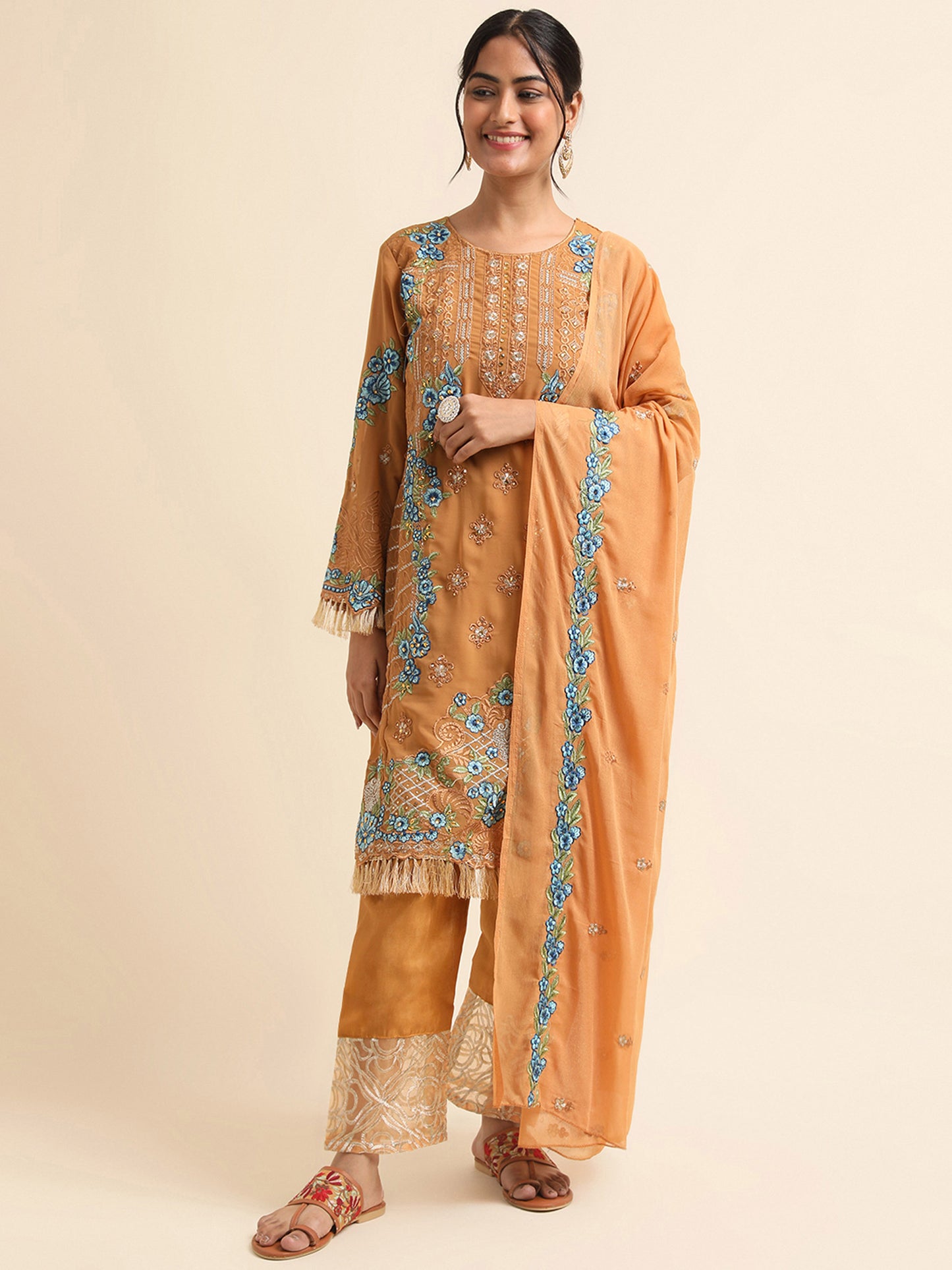 Mustard zari embroidered Faux Georgette Surya pakistani suit