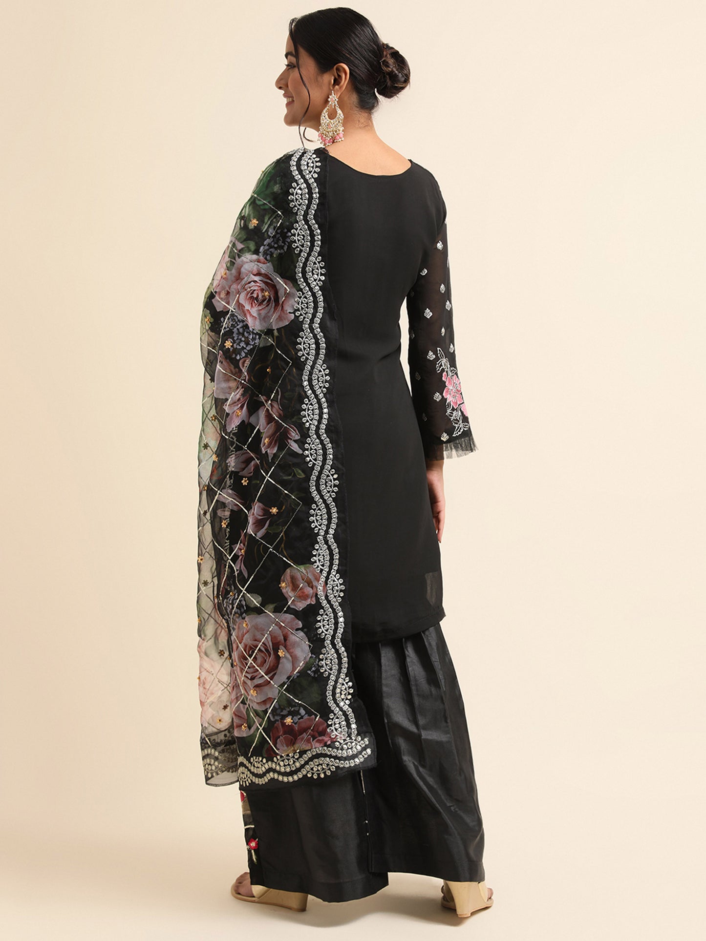 Black Sequins embroidered Faux Georgette Surya sharara salwar kameez