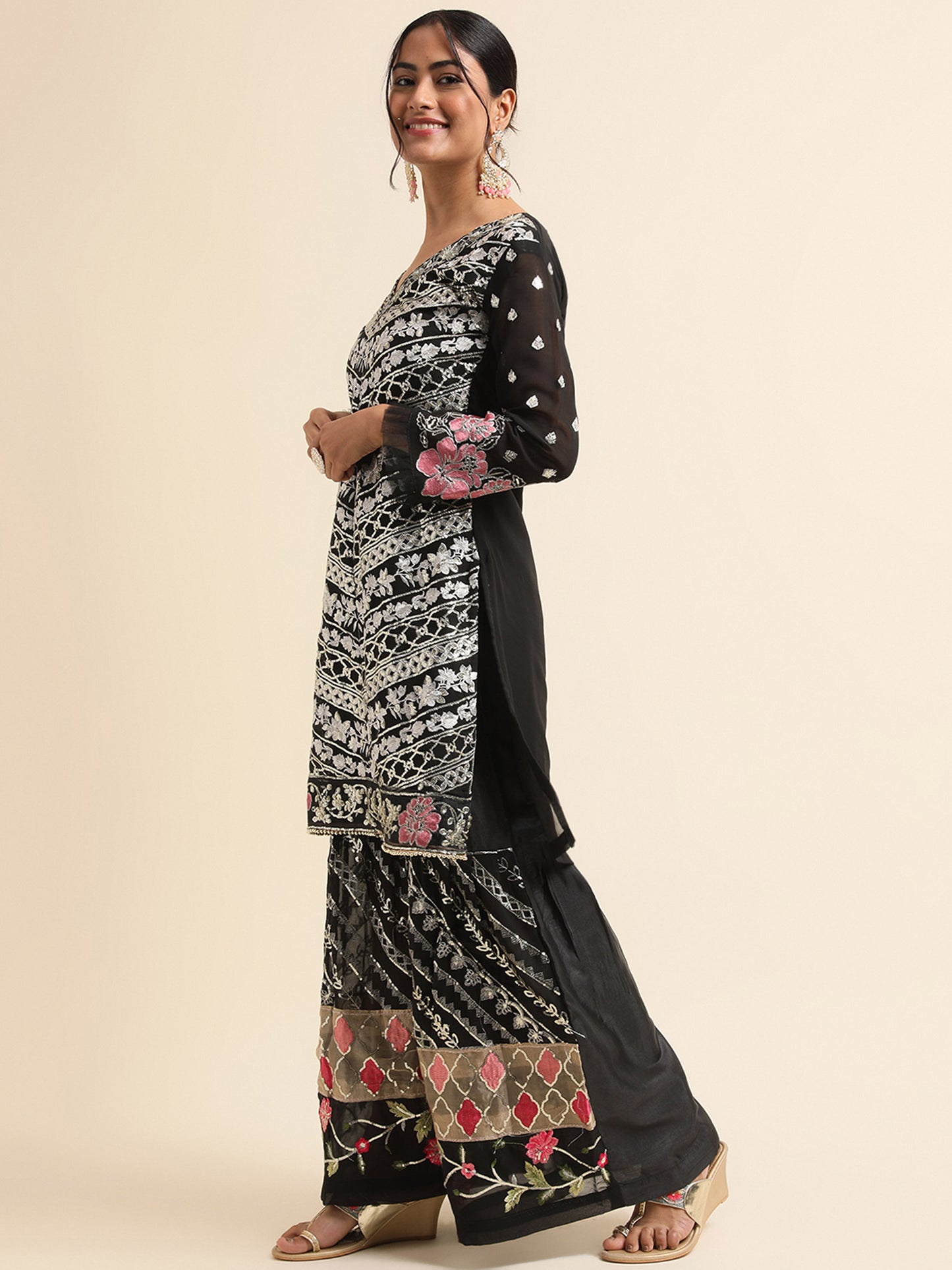 Black Sequins embroidered Faux Georgette Surya sharara salwar kameez