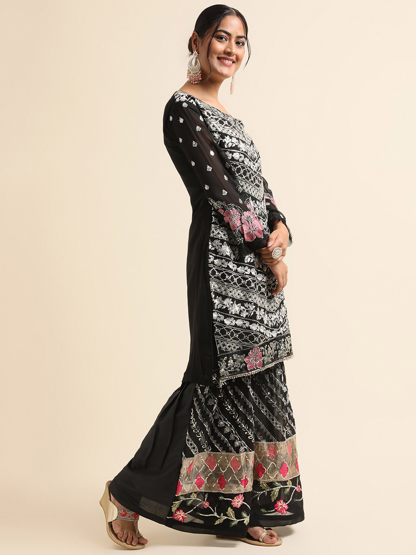 Black Sequins embroidered Faux Georgette Surya sharara salwar kameez