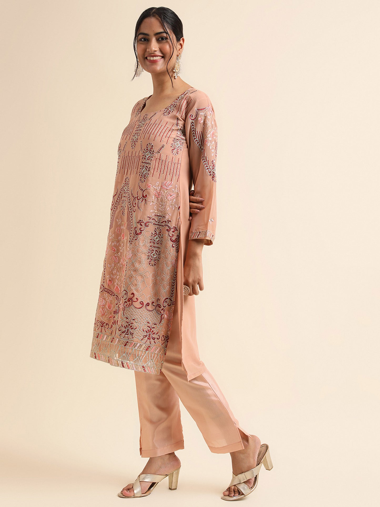 Peach Zari embroidered Faux Georgette Surya pakistani suit