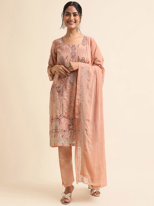 Peach Zari embroidered Faux Georgette Surya pakistani suit