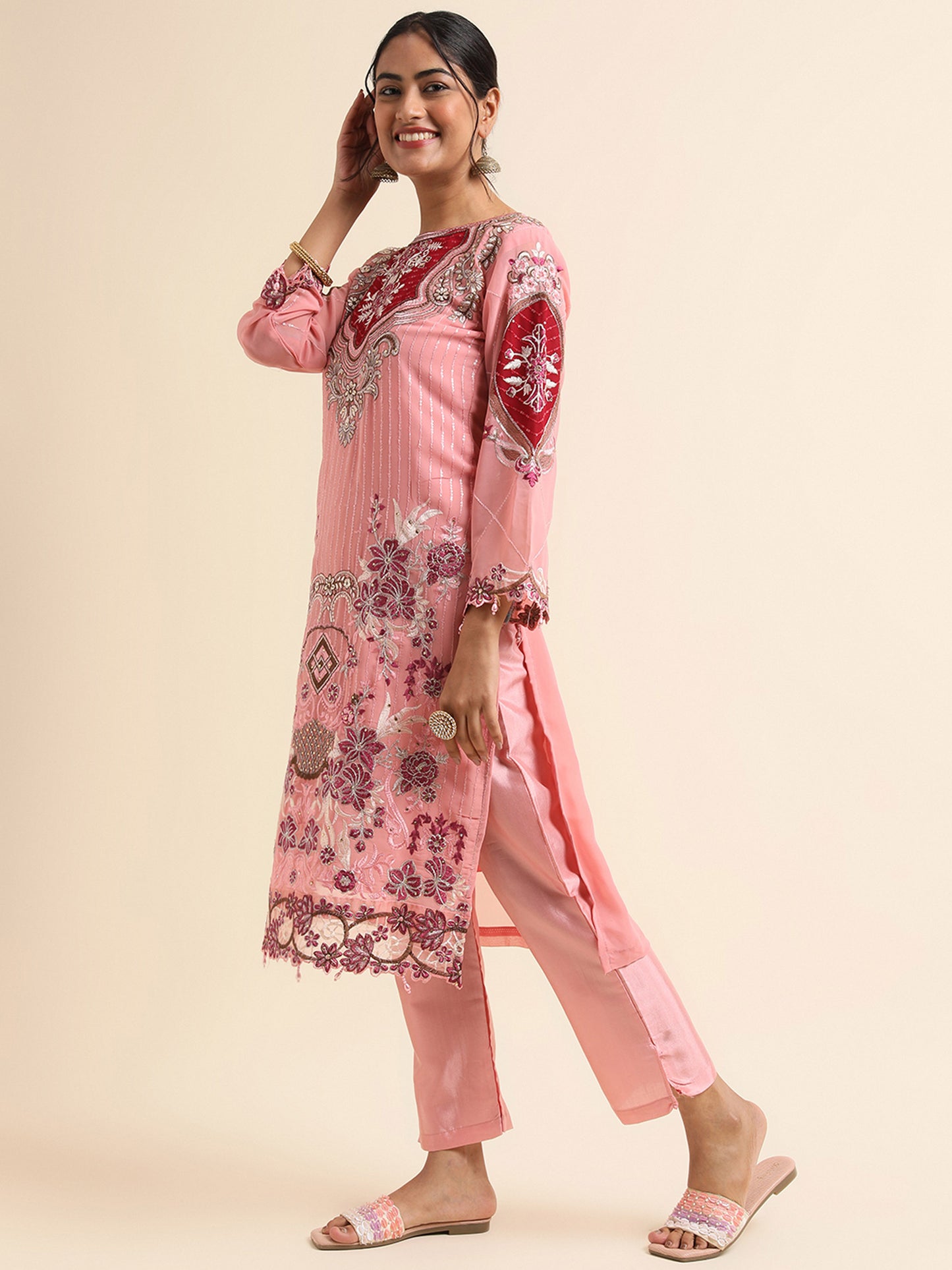 Pink Zari embroidered Faux Georgette Surya pakistani suit