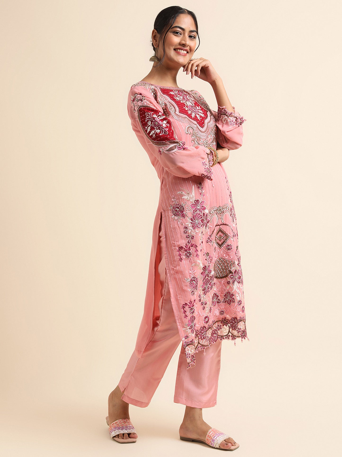 Pink Zari embroidered Faux Georgette Surya pakistani suit