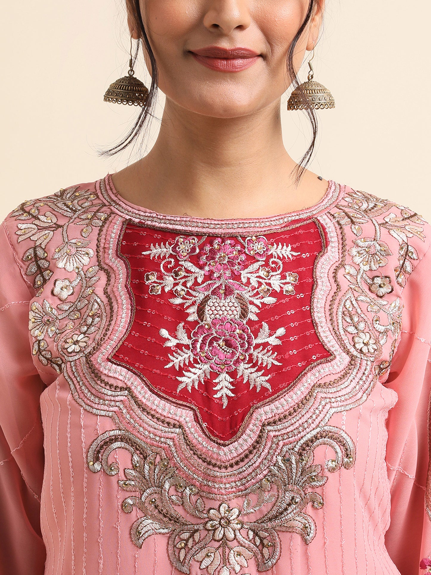 Pink Zari embroidered Faux Georgette Surya pakistani suit