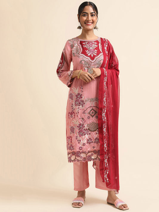 Pink Zari embroidered Faux Georgette Surya pakistani suit