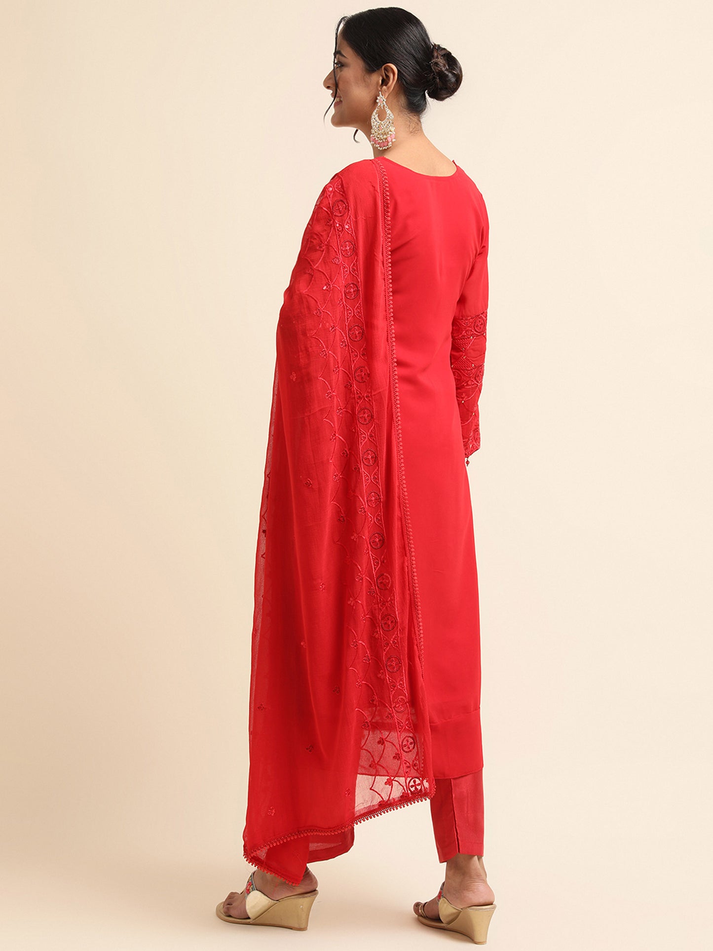 Red Zari embroidered Faux Georgette Surya pakistani suit