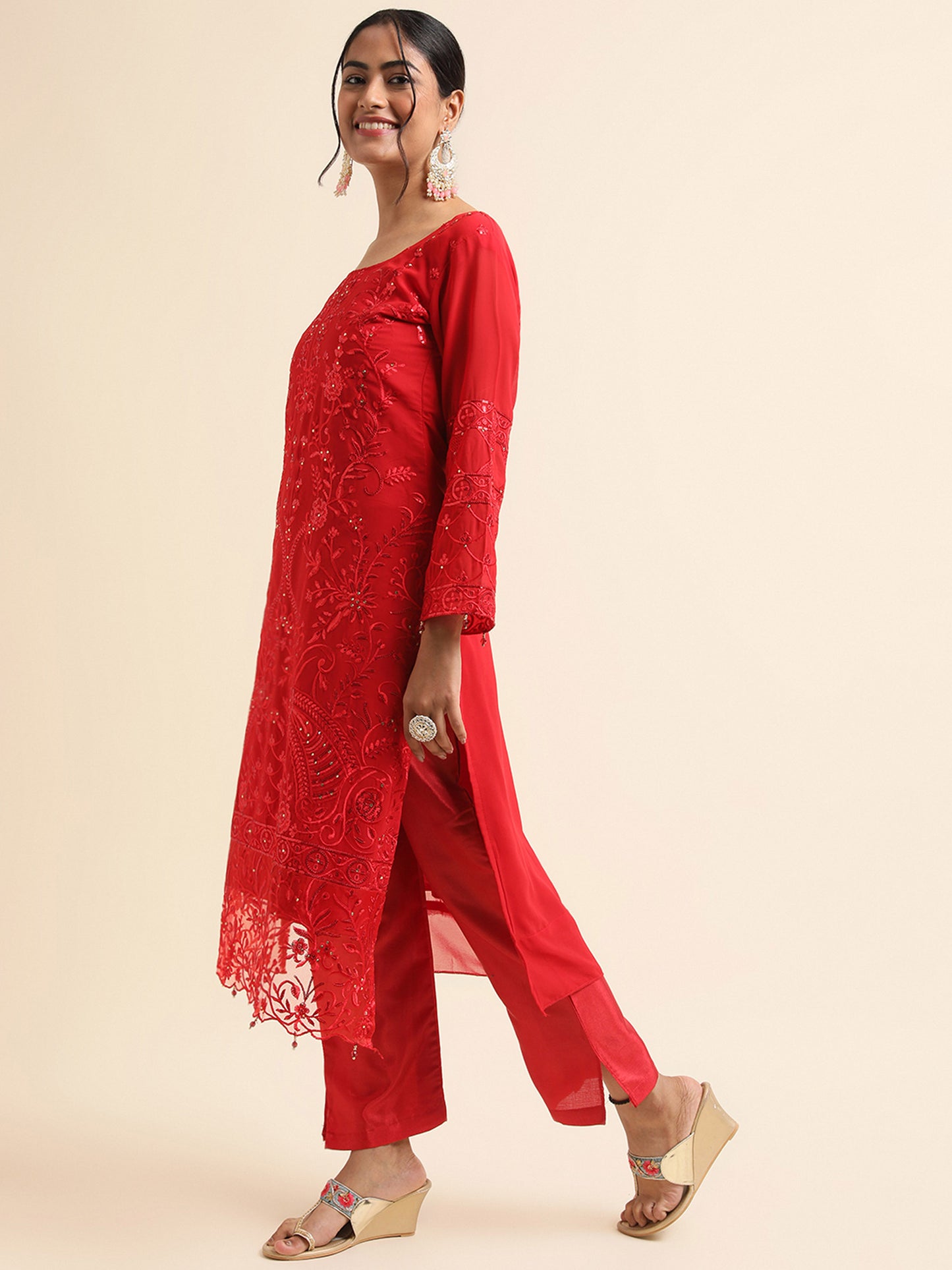 Red Zari embroidered Faux Georgette Surya pakistani suit