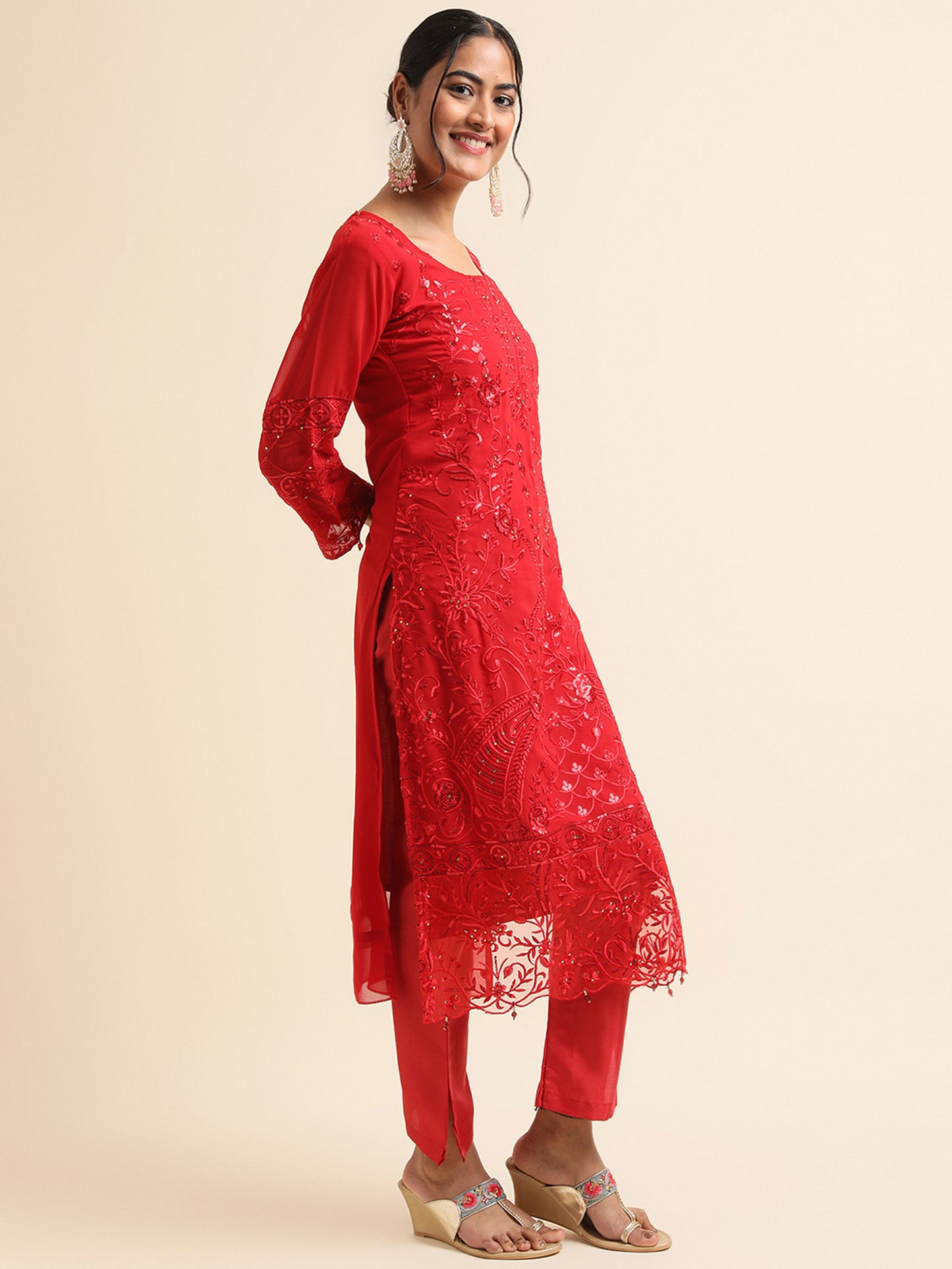 Red Zari embroidered Faux Georgette Surya pakistani suit