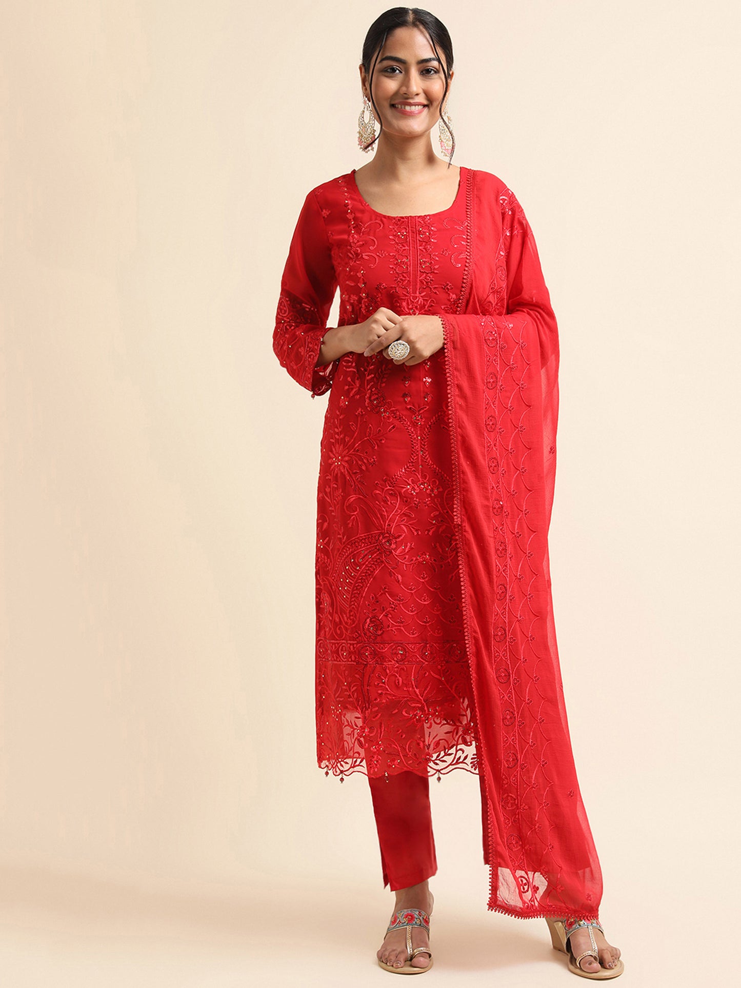 Red Zari embroidered Faux Georgette Surya pakistani suit