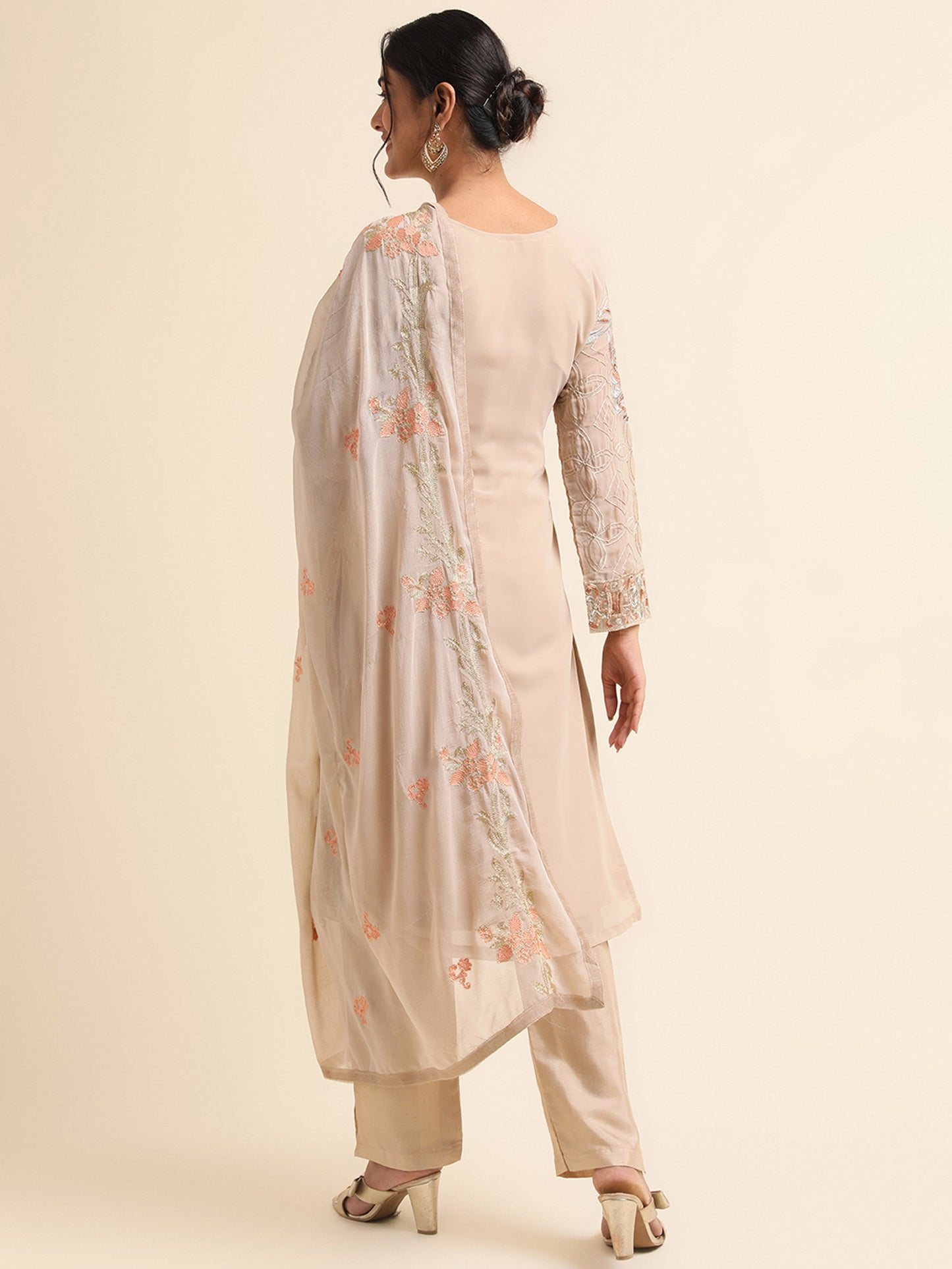 Beige Zari embroidered Faux Georgette Surya pakistani suit