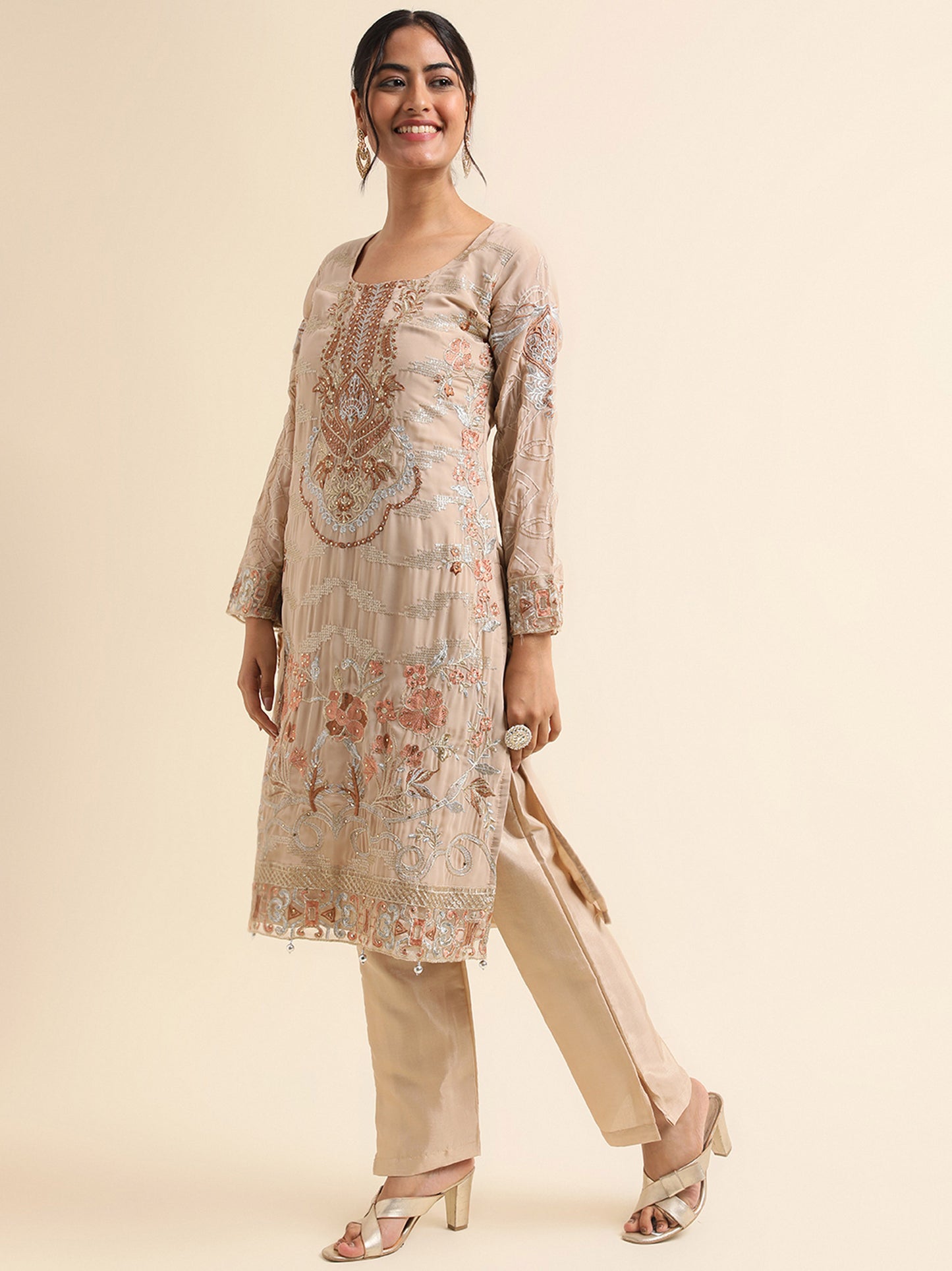 Beige Zari embroidered Faux Georgette Surya pakistani suit