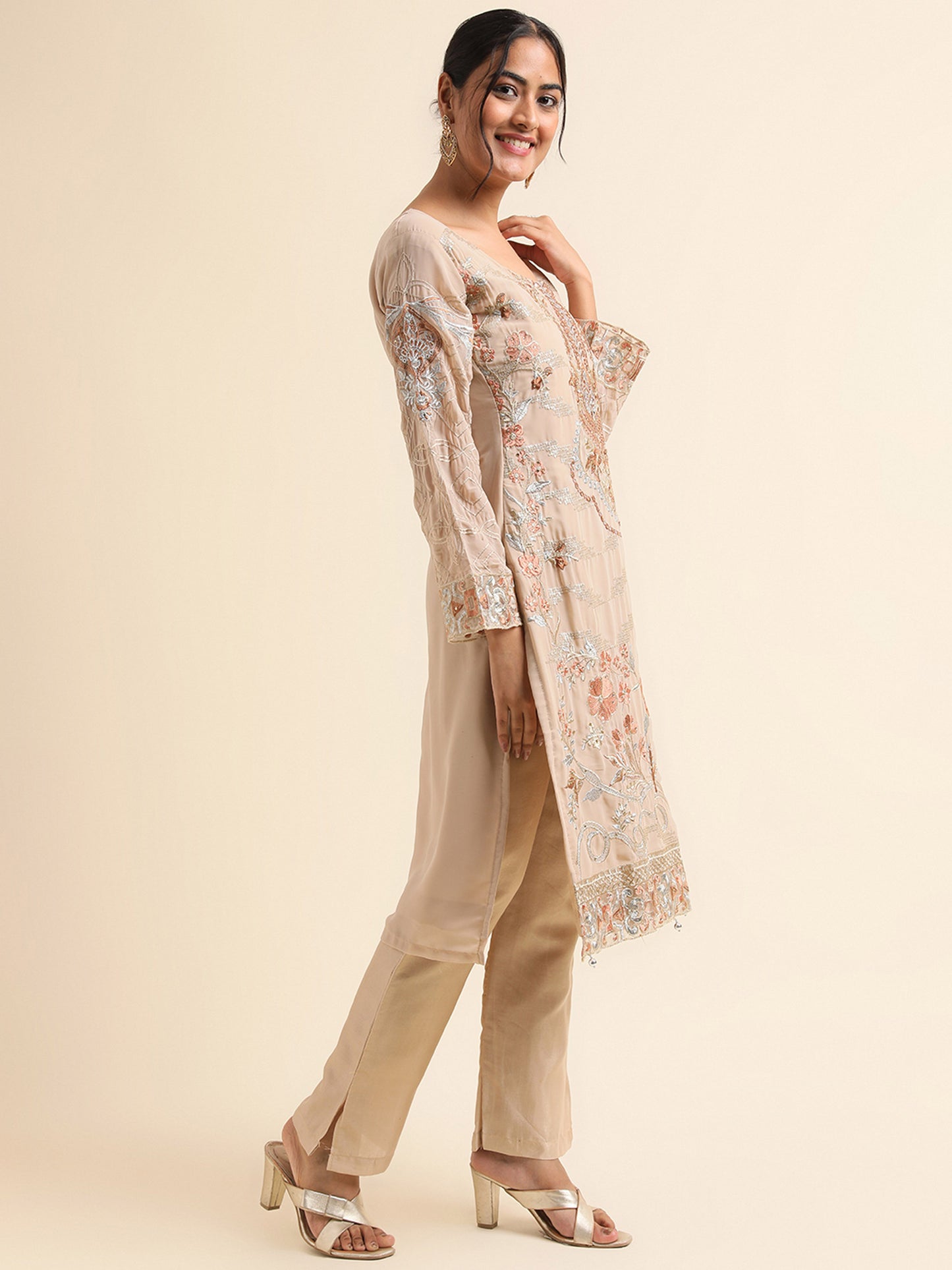 Beige Zari embroidered Faux Georgette Surya pakistani suit