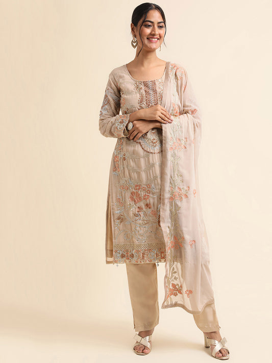 Beige Zari embroidered Faux Georgette Surya pakistani suit