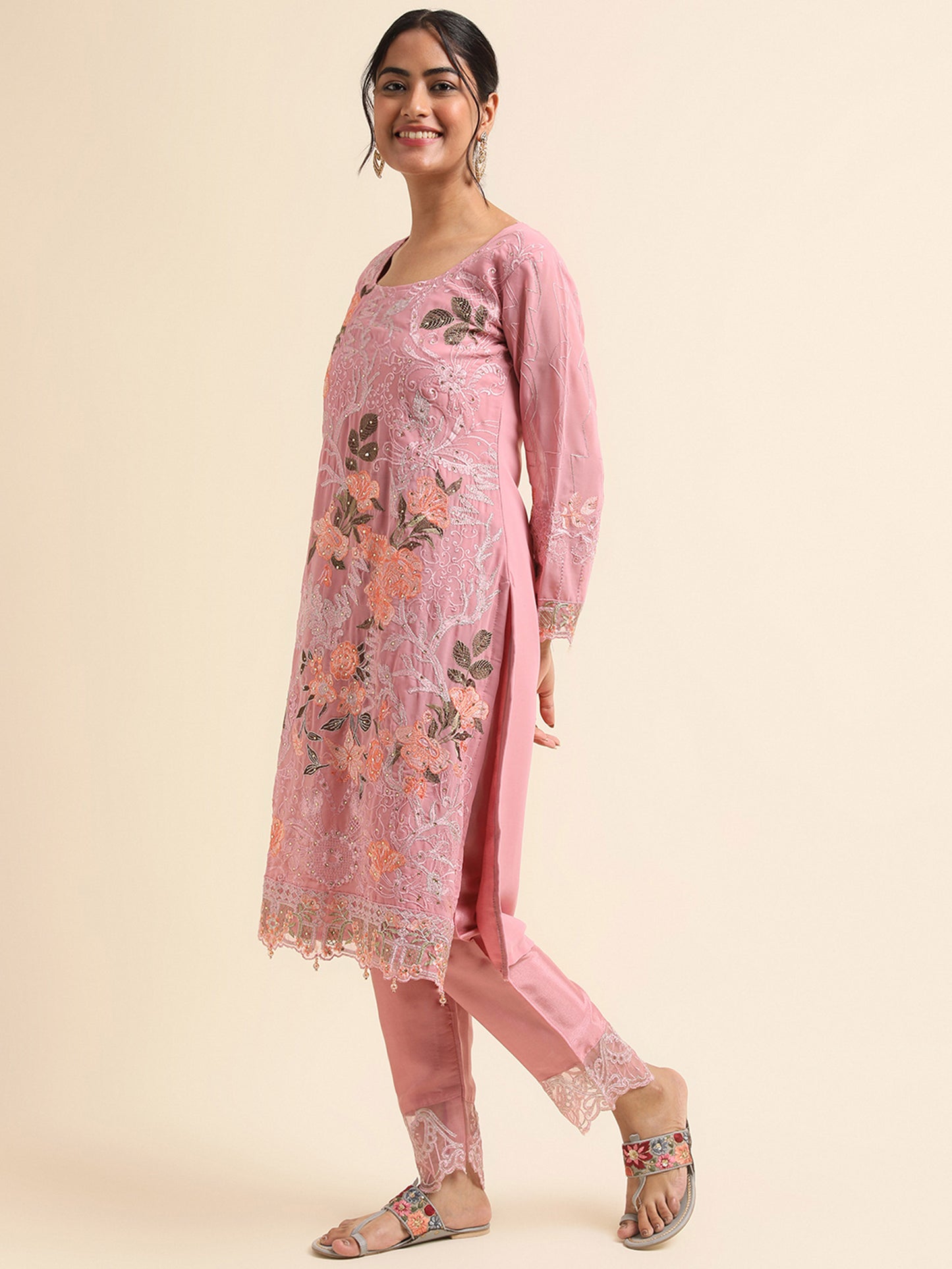 Pink Resham and Zari embroidered Faux Georgette Surya pakistani suit