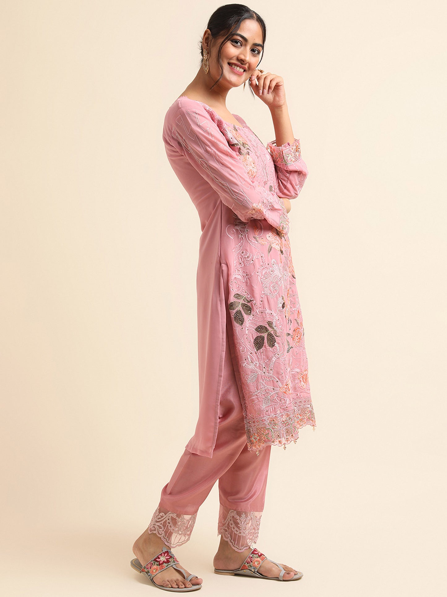 Pink Resham and Zari embroidered Faux Georgette Surya pakistani suit