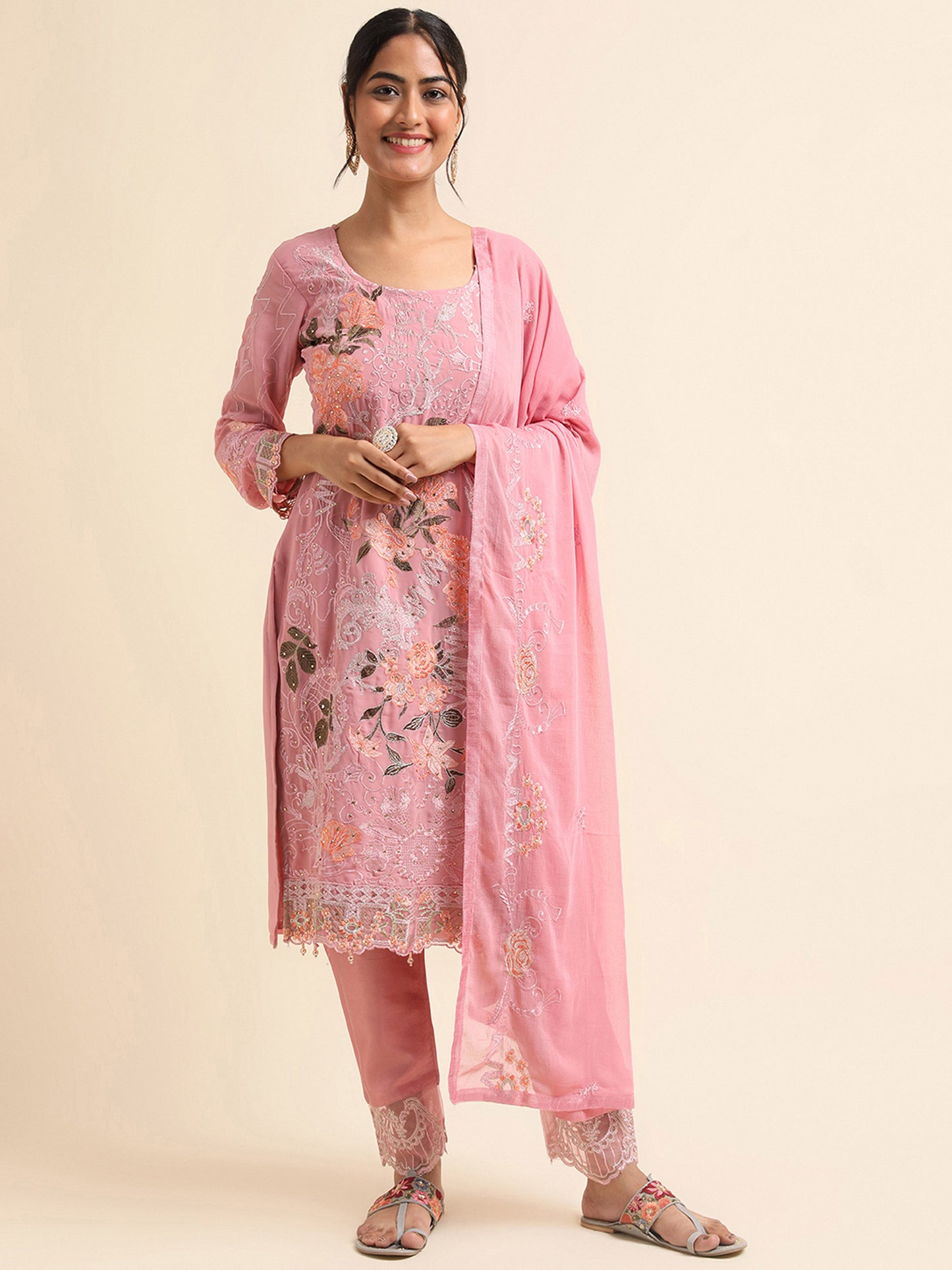 Pink Resham and Zari embroidered Faux Georgette Surya pakistani suit